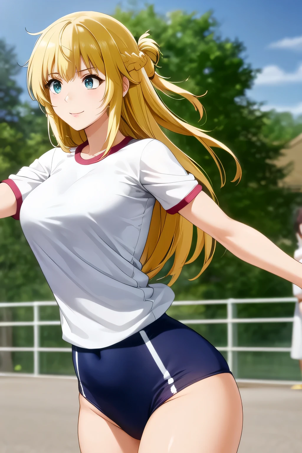 Blond wavy long-haired woman, Smile Yang ,I'm at a clear ground,、If possible,,can you draw a high school gym suit,WHITE SHIRT, navy blue panties,紺色Bulma,,(((facial expression is the top priority, so don't trim your face))),,I am alone ,、sunny day、Outdoors, ,(Let's draw a more delicate expression), , big breasts, thin waist , , wonderful thighs in light clothes ,beautiful legs,,big breasts,standing with legs spread out,can you draw a running woman,Woman exercising,Big Breasts,Bulma,sneakers,a woman wearing a honeycomb on her head,sports day,