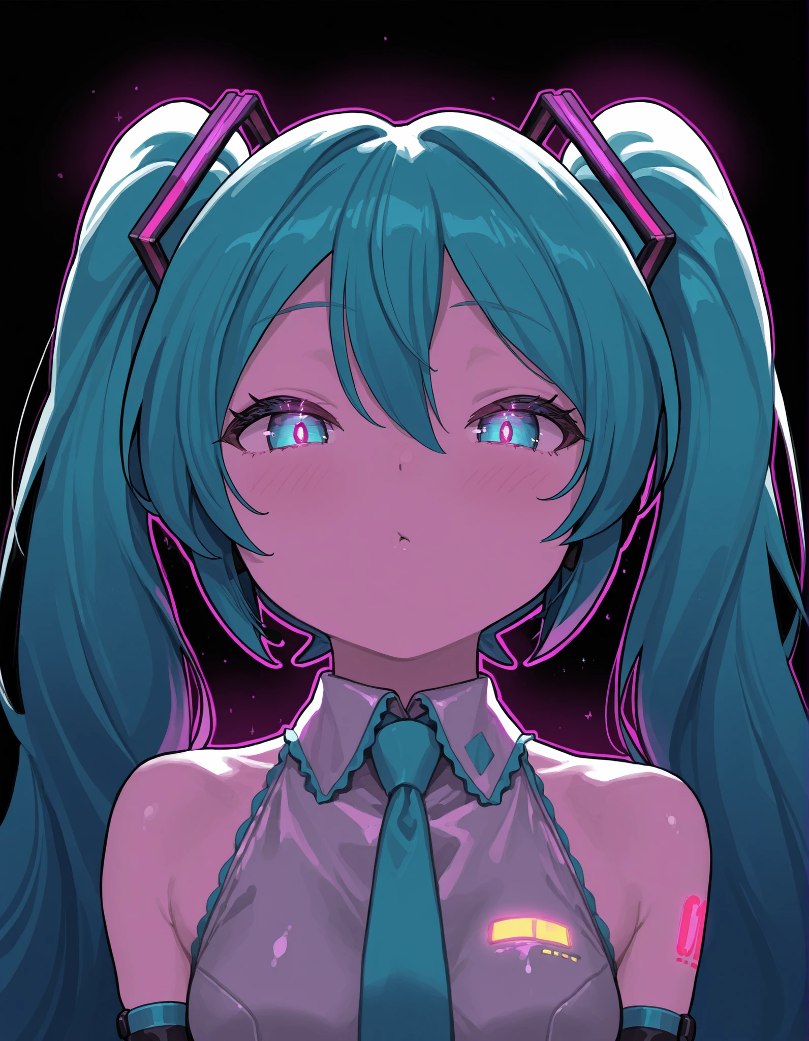 borscstyle,, Hatsune Miku,limited palette,black background,colorful,vibrant,glowing outline,neon,blacklight,looking at viewer, masterpiece, very aesthetic,