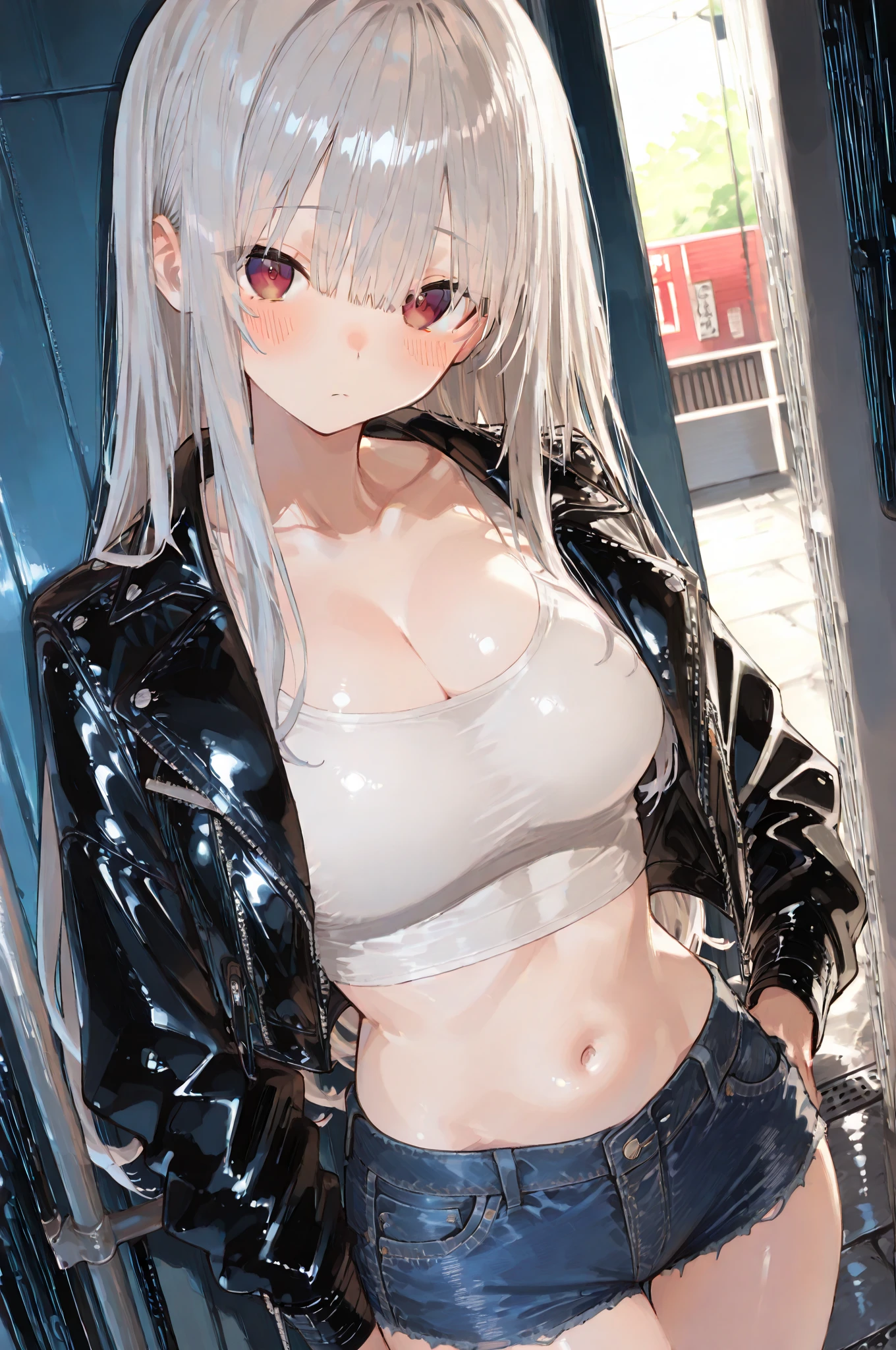 beautiful girl , Latifa , Long silver hair , Beautiful blue eyes , soft skin , She wears a black bra , Black shorts , Long white socks , Short white coat with fur , Small tattoo on right hand , She wears a beautiful black necklace on her neck