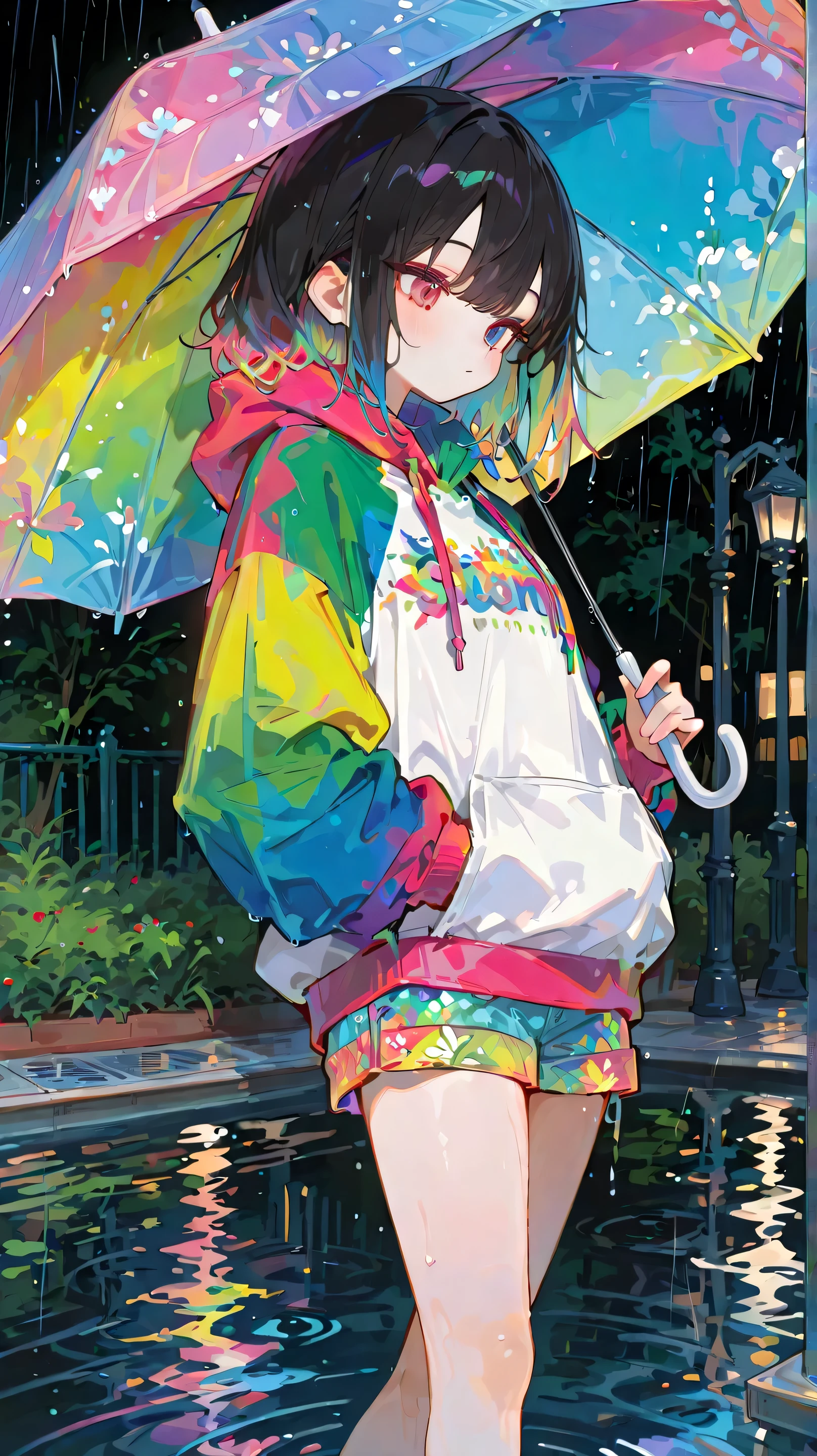 cute,748cm style,ral-drptpl,(masterpieces:1.2), (Superb),(black hair), (beautiful delicate eyes:1.2), ((1 beautiful girl)), (highly detailed CG), ( portrait detailed), (Very detailed and beautiful:1.1), (PERFECT DETAILS:1.1), (Nice illustration), alone, cute 십대 소녀, (Wearing colorful hoodies and shorts:1.3), (cute 운동화를 신다:1.2), (big, colorful umbrella:1.5), Walking alone in heavy rain at night, Pools reflecting city lights, Quiet Park Street, Focusing on beauty and umbrellas, Melancholy yet peaceful atmosphere, Rain Stream, wet ground,  Morning dew , soft expression immersed in contemplation, Very detailed and beautiful, Looking down slightly, Focusing on girls and umbrellas
