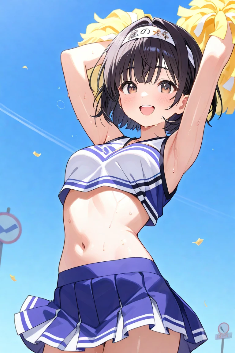 best quality, masterpiece, (solo:1.2), (1 Female:1.2)、Age 25、Larger breasts、(Slender figure)、From the side、Thighs、(side)、belly button、(Cheerleader)、cheerleading, cheerleader, pom pom、Holding a pom-pom、See-through clothing、(White highlight in pupil:1.2)、Dark reddish brown eyes、(Black-haired:1.2)、(Medium Hair)、(View your viewers:1.2)、White skin、(blush)、(A shy smile)、(I blur the background a lot to make the woman stand out.:1.3)、Beautiful flowers in the background、(blue sky:1.2)、cumulonimbus