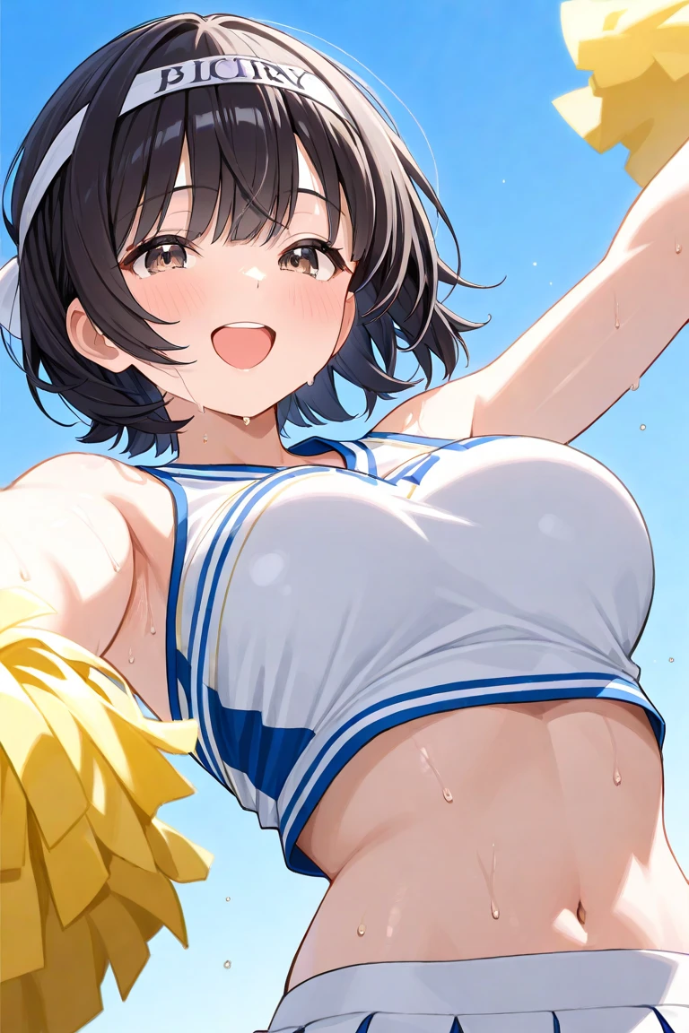 highest quality、High resolution、detailed background、cute teen girl、brown hair、bob cut、ponytail、(huge breasts:1.2)、perfect body line、big ass、vast sky、jump and fly in the sky、(Cheerleader、I&#39;We&#39;re rooting for you、sexy cheer costume)、White floral embroidered panties、White floral embroidered bra、emphasize the underboob、I can see the underboob、angle from below、
See here、open your mouth and smile、smile、healthy、healthyふともも、Healthy and beautiful、legs open、panty shot