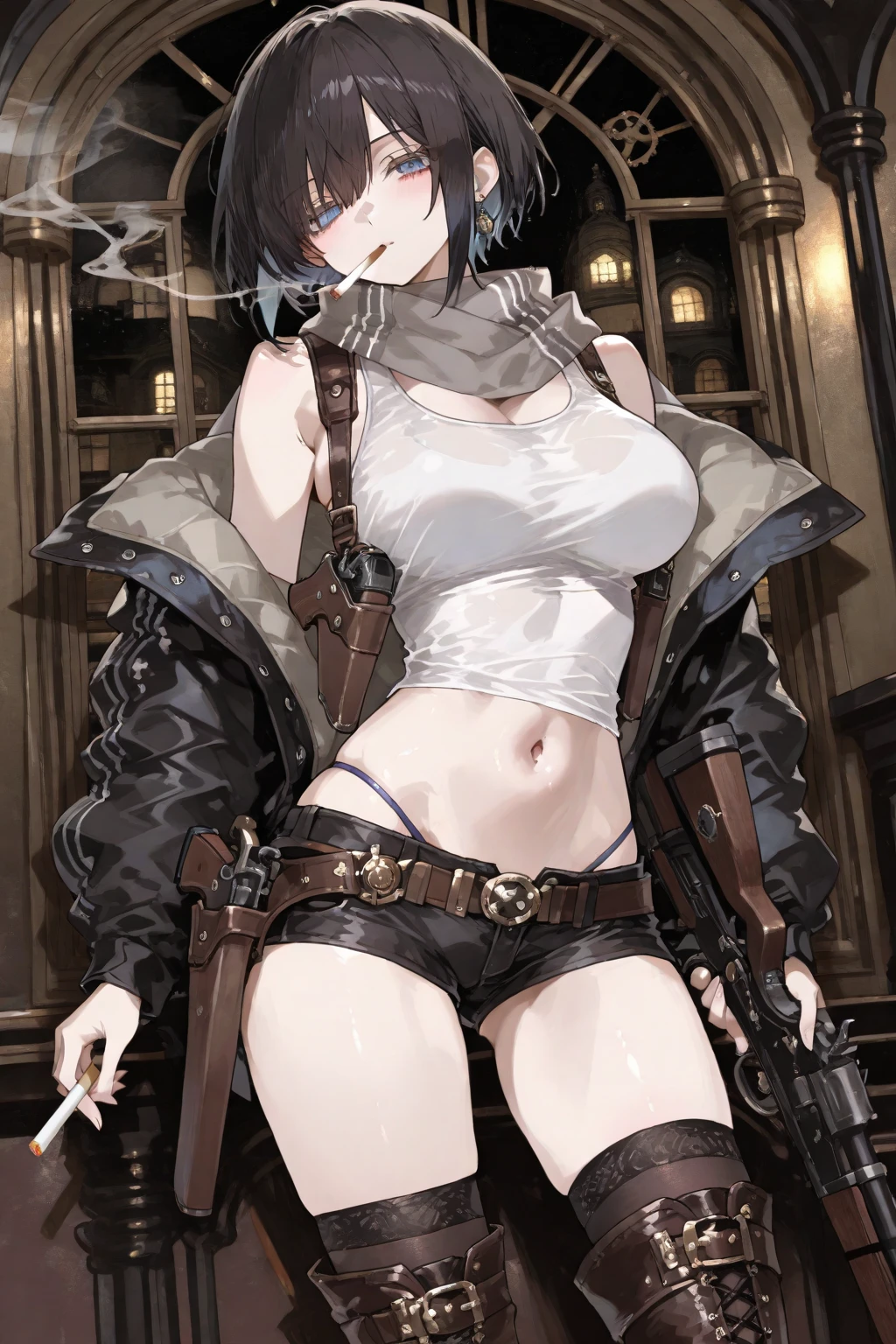 Thynasha,dark green hair,very long hair,(side ponytail:1.3),hair between eyes,bangs, (red beret, black jacket, open clothes, cleavage, midriff, black shorts, black thighhighs, thigh strap, fingerless gloves, single glove:1.2), Photo,sharpness, F1.6 lens,hyper-realistic textures,spectacular light textures, Cinestil 800 Fashion Mechanics,(((Beautiful woman with left leg restrained and hung by chains))),Appearance,Beautiful girl with accentuated slender abs: 1.1,six-pack abs: 1.1, Bust Botox,Standing on tiptoe, long legs,Long brown hair fluttering in the wind,Brown hair, Long hair, Female Warrior Costume,(No panties,No bra),(tacticul battle fashion,elbow and knee tacticul battle fashion, battle glove: 1.1),((cute batre costume)),The belly comes out and the navel is visible,Thin sheer costume, combat gloves,shredded costumes,cyber long combat boots with golden knee pads,Anatomical,(futuristic sci-fi battle fashion, new elbow and knee cyberpads, new cyberlong boots, new cybergloves: 1.1),(tied perfectly by iron chain), Restraint, Slave, collars, contempt, (Chained), 4 chains hung from heaven, Metallic shackles and fetters, wet crotch clearly visible,((Hands are restrained above the head)), the neck is chained,Chain from left knee to heaven,Chained by rusty iron chains,((the tip is protruding, areolas protruding,The shape of the pubic harearea is clearly visible:1.2)),Sweating,Wet,Wet crotch,Wet thighs,Junkyard, Realistic, (cute, perfect clothes, skimpy clothes, cute: 1.3) ,Vast miritary base in us,((wide mirtary hospital with summer sunlight)), peeling ceilings, Rebar between, Realistic material details, Extreme details, Ultra-realistic materials,narrow waist,sexy pause,(with sparkling eyes and a contagious smile:0.9),looking at viewer,