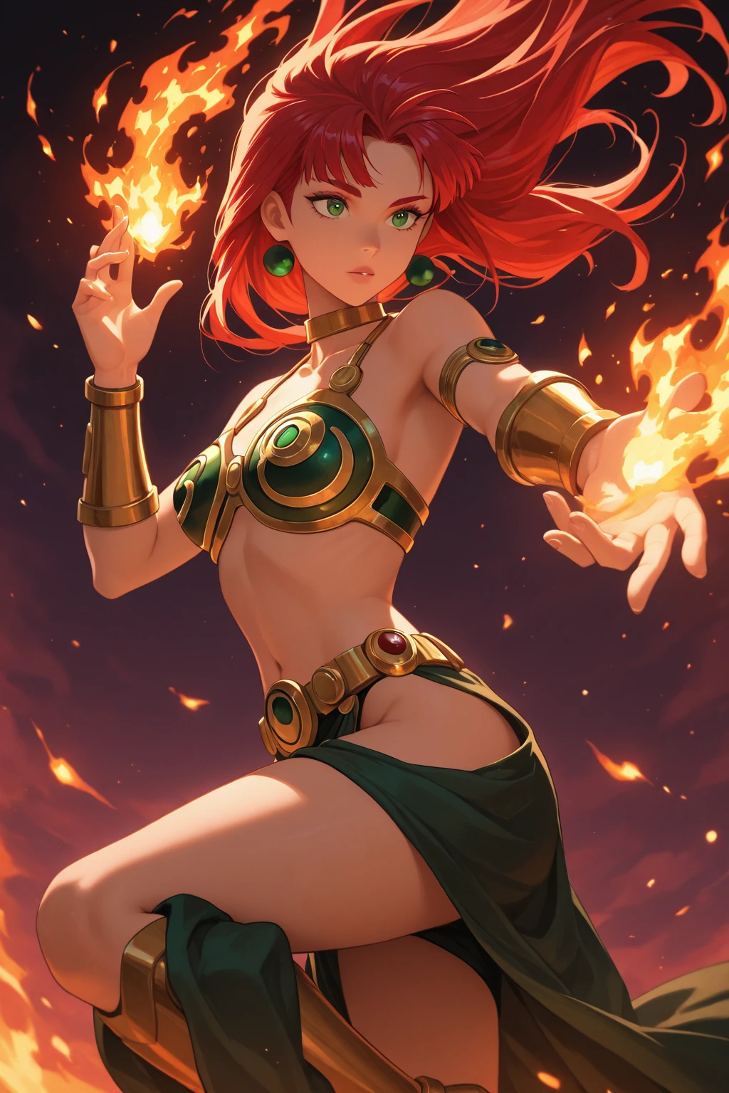a majestic girl stands proud and fierce, body adorned with shimmering emerald scales and bat-like wings stretching out in a menacing display. Featured in a meticulously crafted digital painting, the manticore's glowing, fiery eyes seem almost alive, radiating a sense of otherworldly power. Every intricate detail, from its razor-sharp claws to its intricate mane of golden fur, is rendered with breathtaking realism. This stunning image captivates with its vivid colors and dynamic composition, showcasing the artist's exceptional talent and creativity.