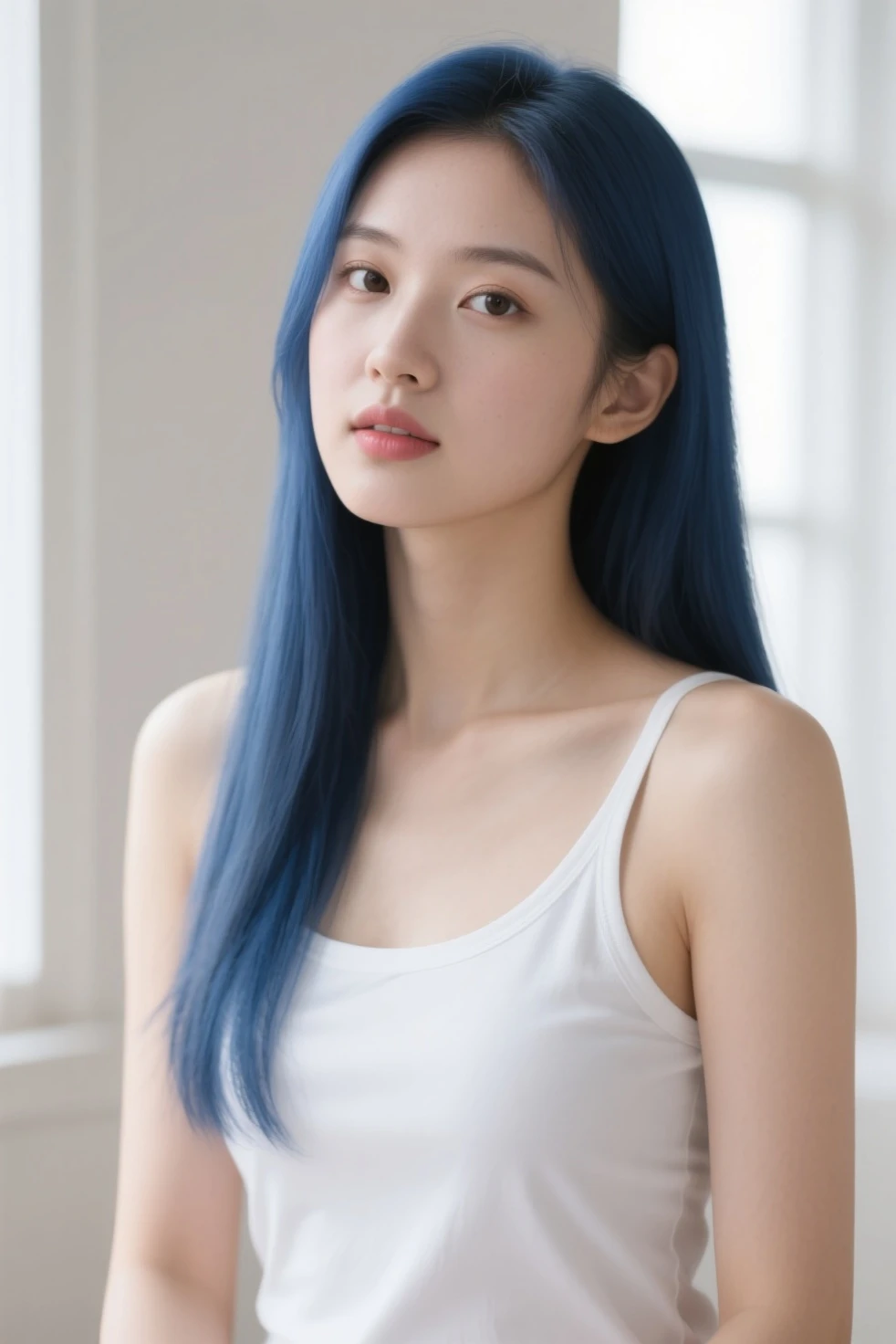 Taken with a phone camera、Are standing、Above the waist、Cute Japanese Women Photos、Normal chest、Long Hair、Blue Hair、Upper body、Face Focus、Simple clothes、Simple Background、From above、