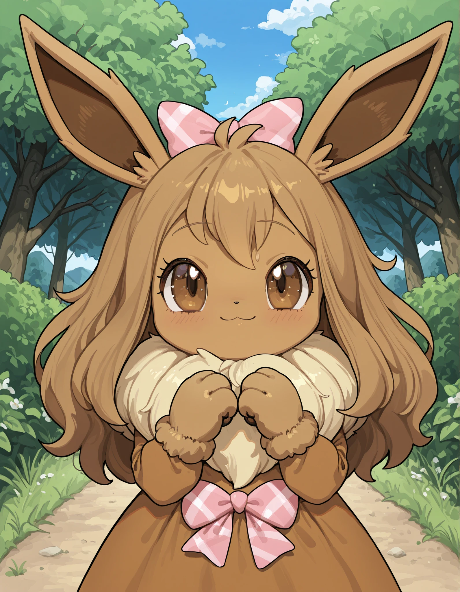 borscstyle,, pokekid, eevee, fluffy girl, furry girl, female, smile, smiling, has a big pretty bow in her hair, has animal paws for hands, 1girl, best quality, outdoors, high definition, cute,