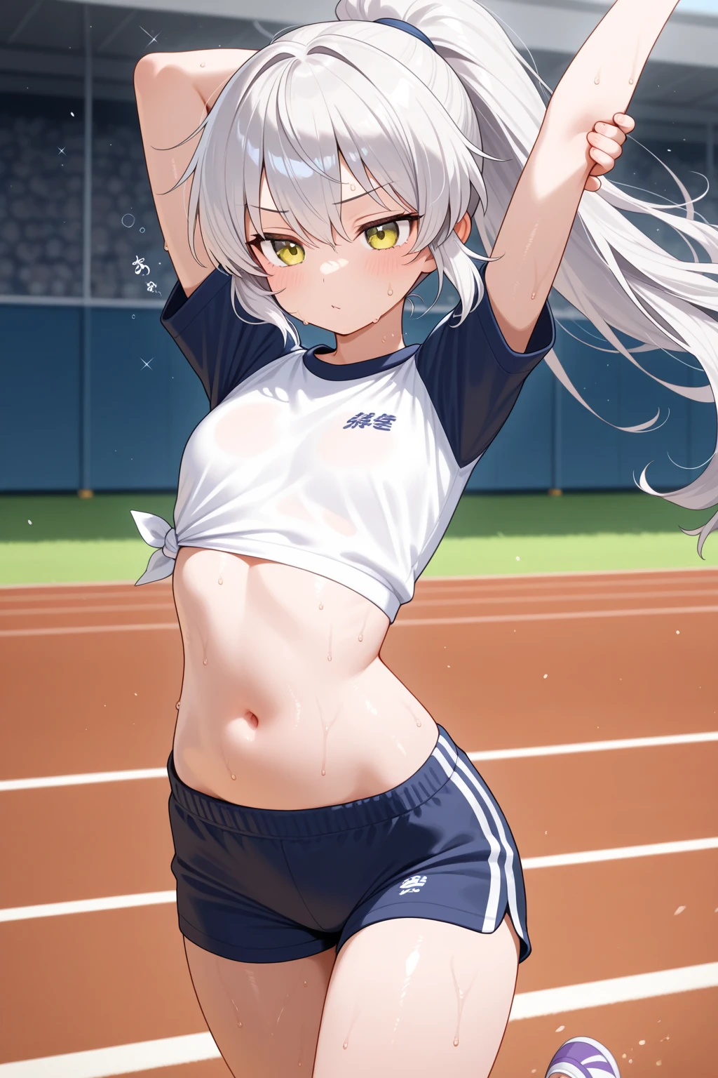 Beautiful 8 year old Japanese female track and field athlete), Cute Face, (Deeply chiseled face:0.7), (freckles:0.6), shy, ponytail, (smile), (Sparkling eyes), thin, Athletics Stadium, athlete, thin, belly button, Thighs, Sitting, Spread your legs, Guts pose, Be happy, Soft Light, Healthy white skin