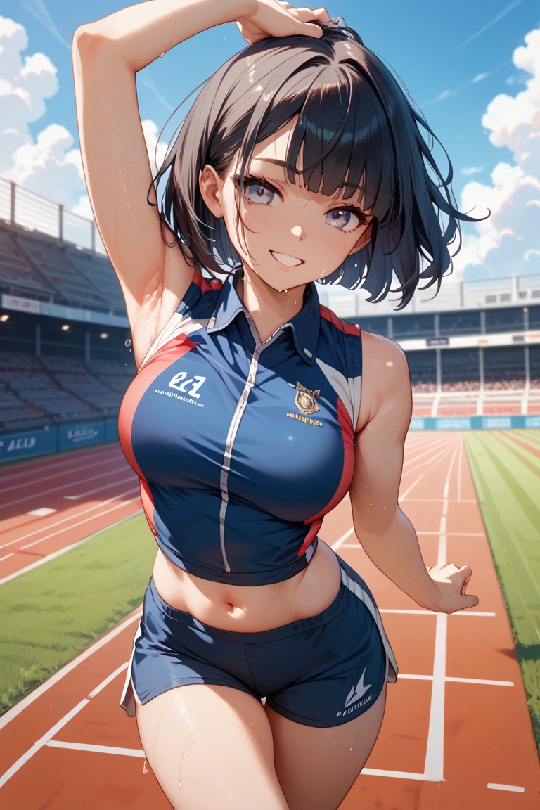 1girl, black hair in a bun, athletic body, medium-large breasts, wearing a extremely tight track uniform, compressions