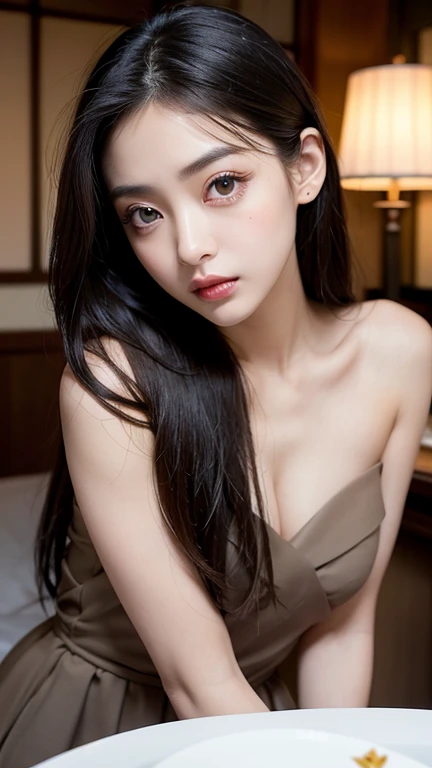 masterpiece, best quality, RAW photos, realistic-lying, A high resolution, hyper-detailing, Focus on the face, Detailed eyebrows, realistic beautiful eyes, realistic glossy skin, straight Bangs, realistic movie lighting, detail shaded, high contrast, Slender, beautiful breasts, cleavage, open mouse, nsfw, Sexy face, Facial expressions when receiving pleasure, full body shot ,bokeh natural lighting background