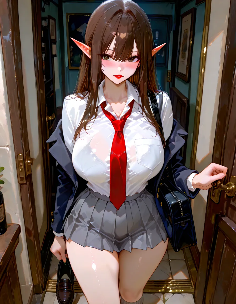 best quality, masterpiece, highres, solo, {maid:1.40}, {long maid dress:1.15}, {chinatsu_bluearchive:1.15}, pointy_ears, long_hair, bangs, blush, halo, breasts, brown_hair, hairband, large_breasts, glasses, bow, yellow_eyes, brown_eyes