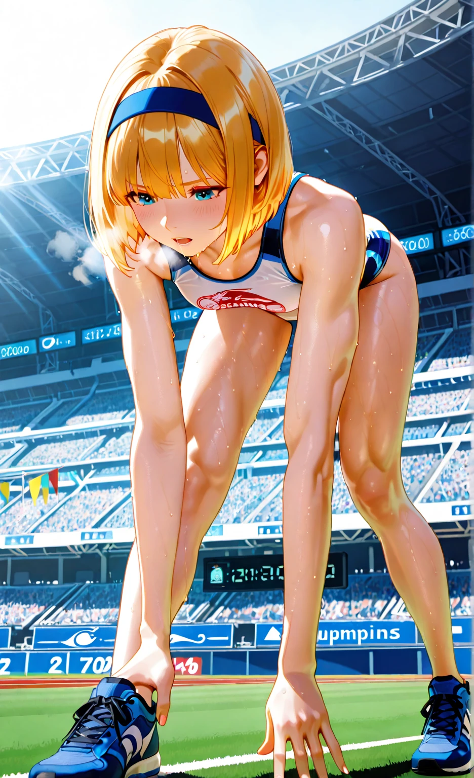 highly detailed images, 8K quality, european junior high school girl, beautiful girl, blonde, short hair, small breasts, beautiful feet,slimming, blush, ,stick out your butt, Open your mouth wide and stick your tongue out, white skin, A frustrated look on his face, looking at the camera, My whole body is covered in sweat,white tank top,raise one&#39;s hips,Stretch your knees,Stretch your elbows,knees do not touch the ground,long legs,White Wear,The fabric of what I&#39;m wearing is very thin and very transparent.,spread your legs apart,What I&#39;m wearing is wet,The location is the athletics stadium track.