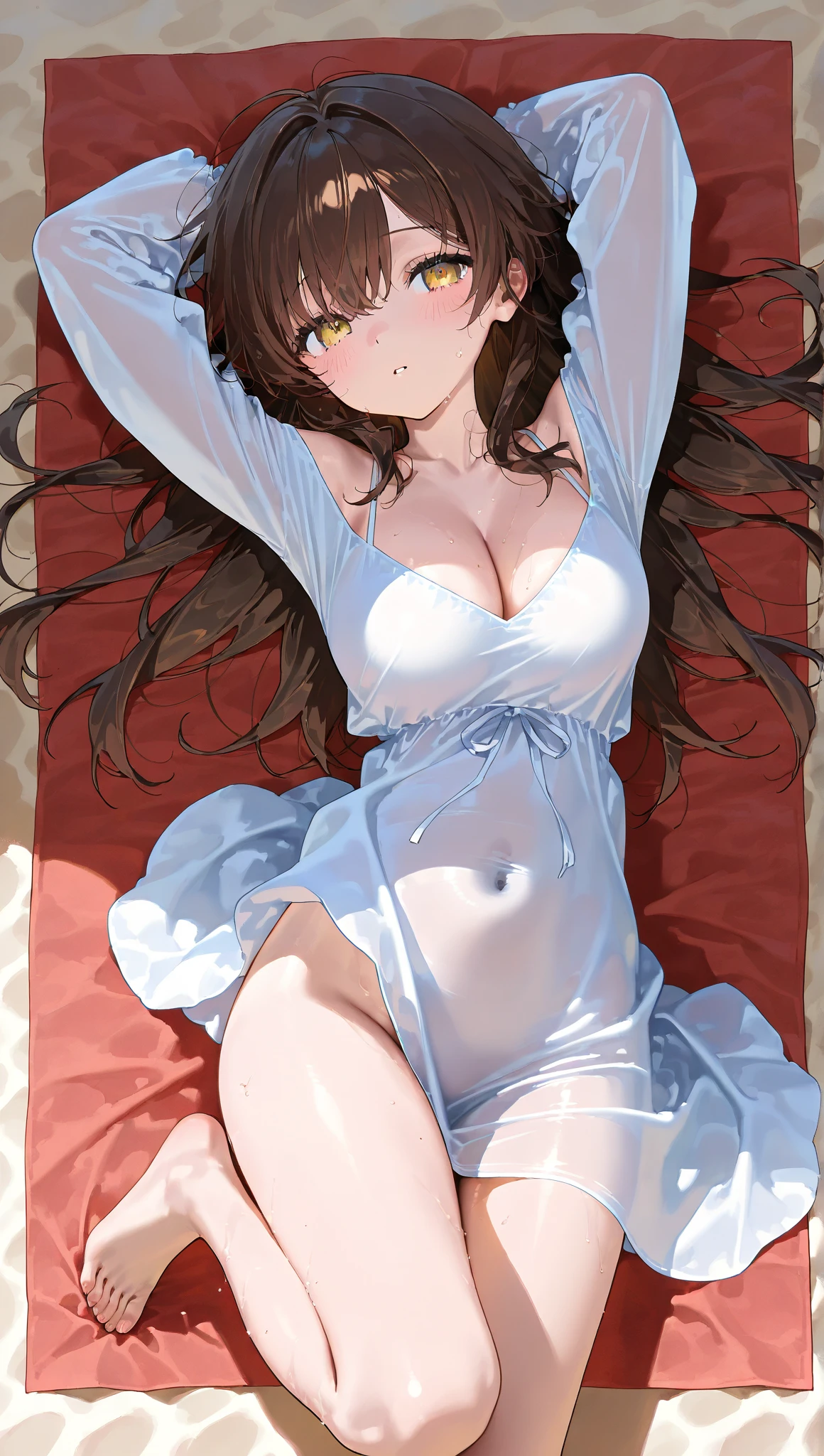 (1 person、alone), Beautiful woman, detailed face, (High-definition and beautiful eyes)、(Anatomically perfect body), Slender、White nurse uniform、(Japanese style nurse uniform), Knee-length dress、nurse、(Lying on the bed:1.3), (Lift your legs, Bend your knees)、The legs are thin、18-year-old、(Highest quality)、Black Hair, (8K, High resolution)、(shy:1.4)、medium breast, (steam:1.1), (embarrassed:1.3), show off nipples under shirt, (Wide Shot)
