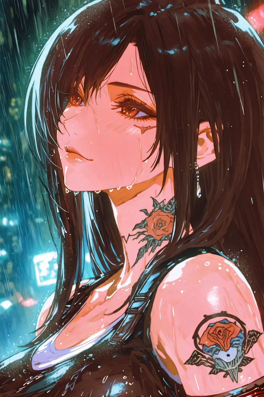 Woman in a raining City, she is wearing only a wet see through shirt, ((the view is from below her body and she is looking down at the viewer)), city background with buildings trees and paths, rain drops, raining sky, water drops, the woman has a wolf ear and tail, wolf cut hairstyle with black hair, angry face and open mouth showing her sharp teeths, she has no underwear and is only using a wet white shirt, nsfw, exposed body, masterpiece anime art style, ultra dynamic, detailed background.