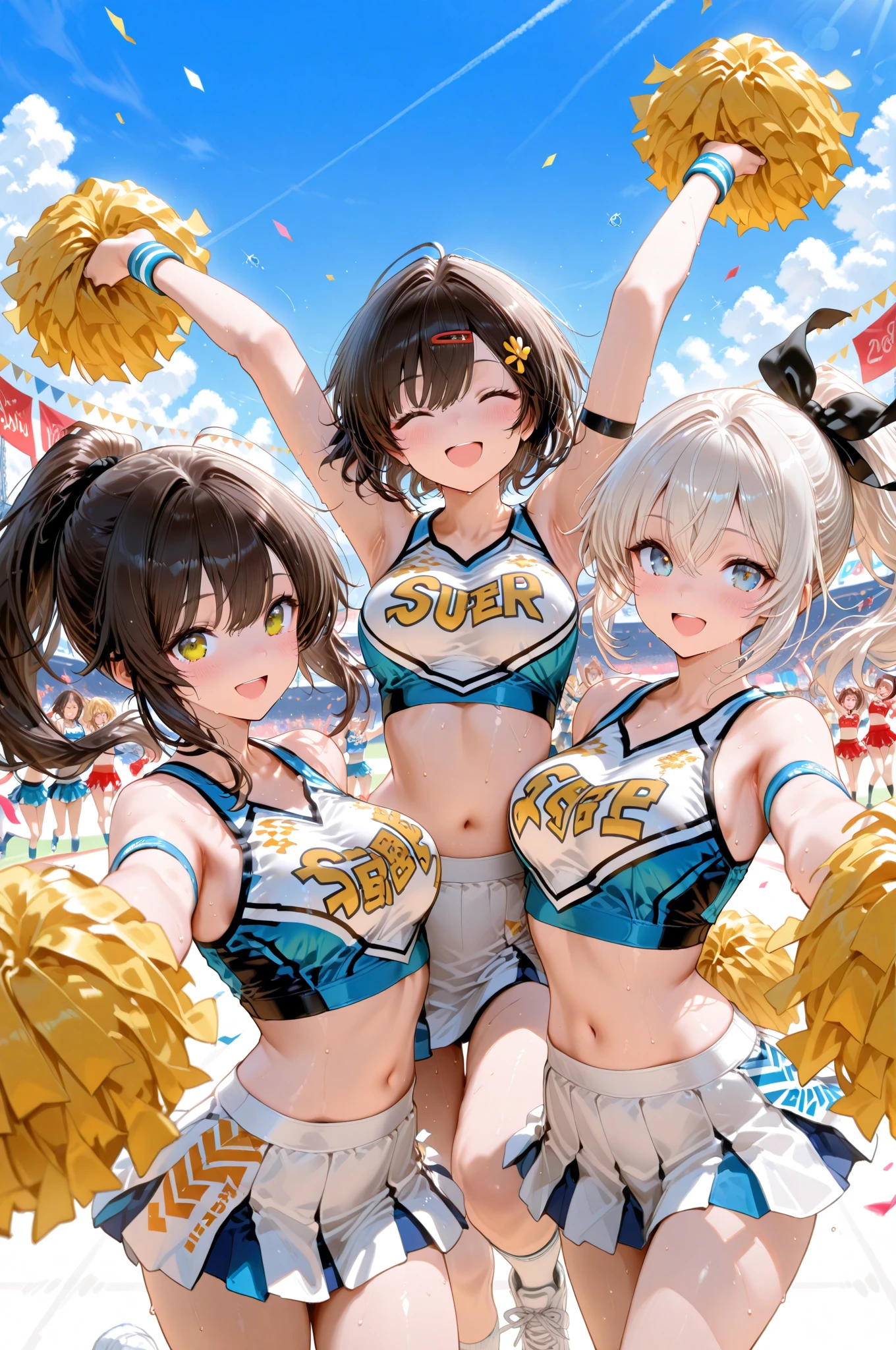 (masterpiece, best quality), best resolution, (3heads:1.5), 1girl, cheerleader, black hair, blue eyes, open mouth, energetic, cheery, black and gold cheerleader outfit, cheering pose, huge breasts, football stadium, night