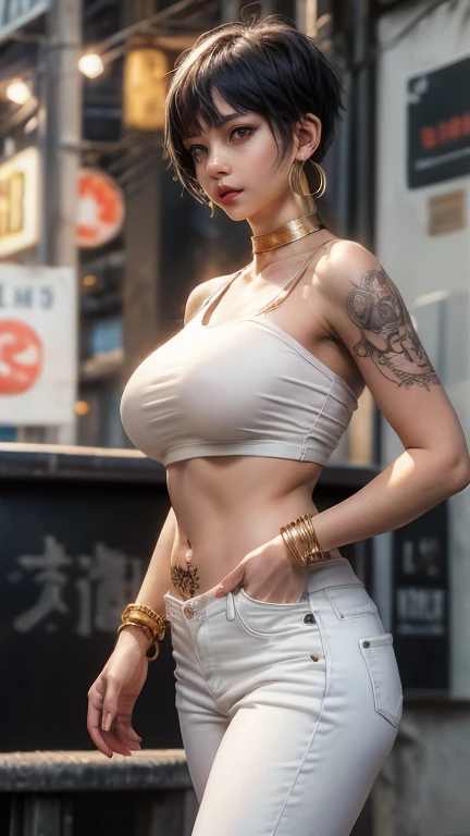 photorealistic, high resolution, soft light,1women, solo, hips up, (detailed face),tattoo, jewelry, sreet wear, Beautiful Soldier, Eyes That Invite Viewer, Lover's Perspective, Inviting Expression, Sexy Smile, Perfect Style, Perfect Balance, Detailed Skin, Naughty Gaze, Chest Visible