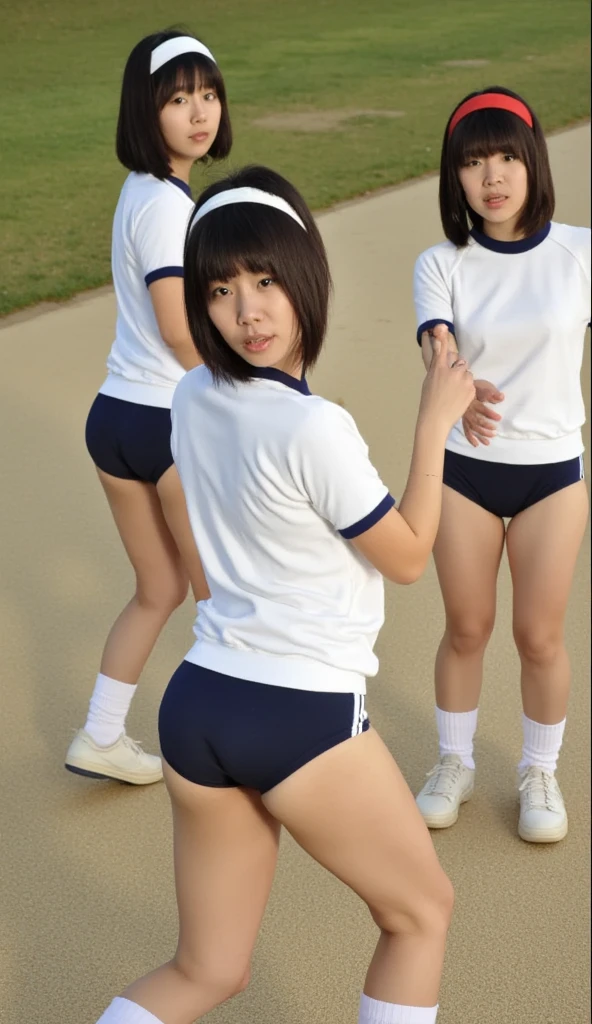 Best-quality, Masterpiece, Ultra-High-Resolution, (Photorealistic:1.4), Raw-Photo, back view, from below, 1girl, 15-years-old, the most famous Japanese idol, (upturned ass that wearing track and field shorts, leaning forward), wearing track and field uniform, (extremely cute face, ((extremely cute big-black-eyes)), extremely cute hairstyle), extremely cute eyelashes, extremely cute lips, (extremely beautiful skins), extremely beautiful thighs, innocent-smile