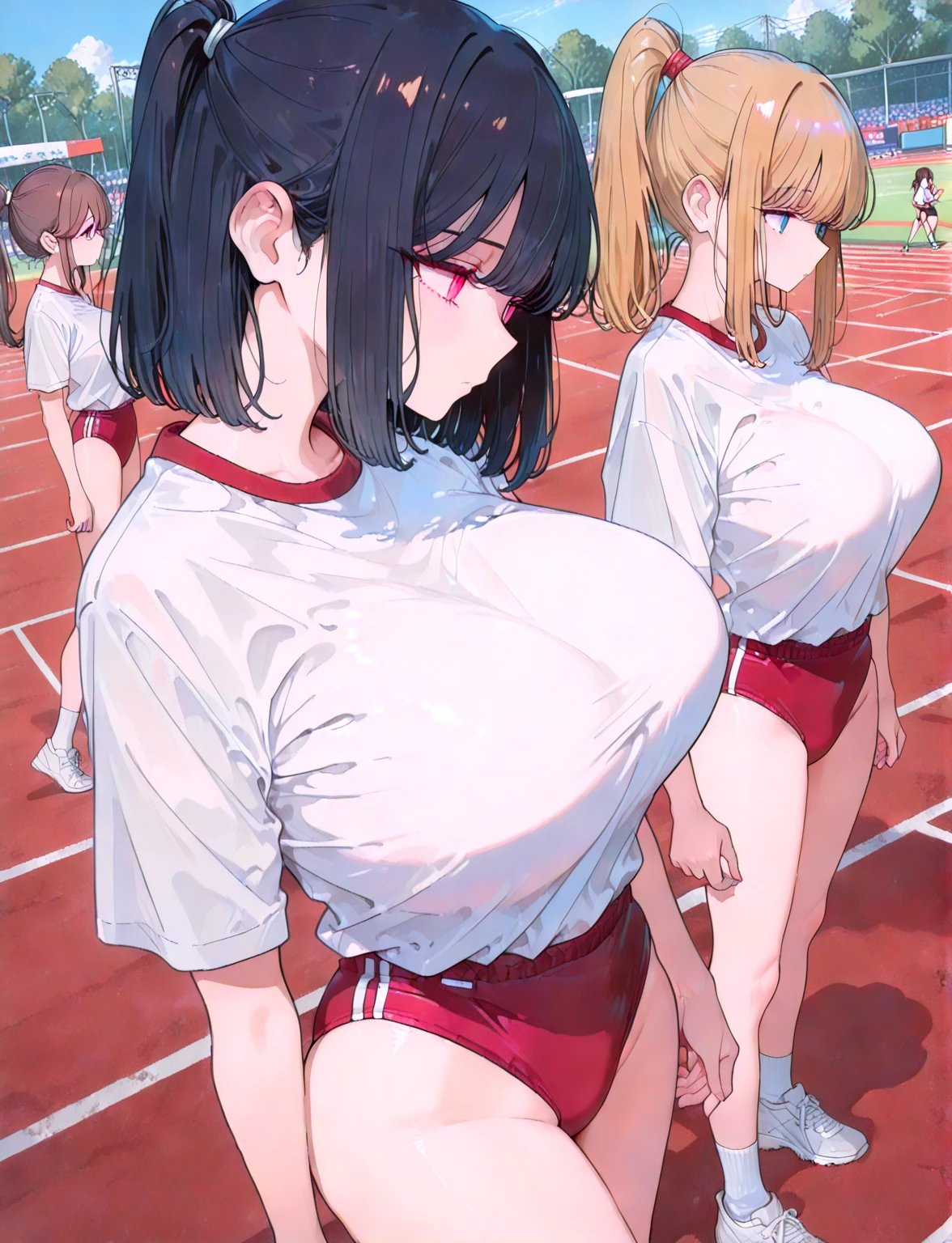 highest quality、High resolution、Detailed Background、(Beautiful face in every detail:1.4)、Anatomically correct、(Detailed facial expressions)、(Detailed eyes:1.2)、Teenage beauty、(Highly detailed face:1.4)、(Huge breasts:1.3)、Black Hair、Brown Hair、Bobcut、ponytail、attractive thick thighs、Accentuate your underboob、Healthy Beauty、Embarrassed look、Show your side、

(Three beautiful girls in gym clothes are looking at me coldly in the schoolyard.:1.5)、

(Crouching down, from a true-below angle:1.5)、Ultra-close-up of the real thing、
(close-up underwear From below), From below, (Underboob:1.3)