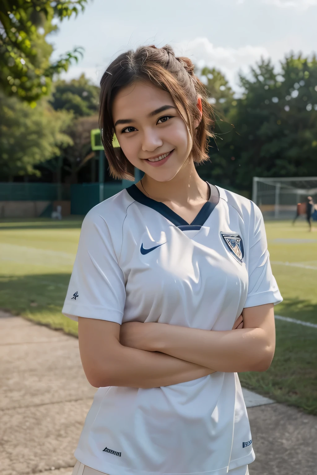A young woman with long, dark hair is photographed standing on a sports field. She is wearing a blue crop top with embellishments and a long, dark blue skirt. She has a warm, friendly expression on her face. The image has a relaxed, natural feel with the green trees and stadium in the background.