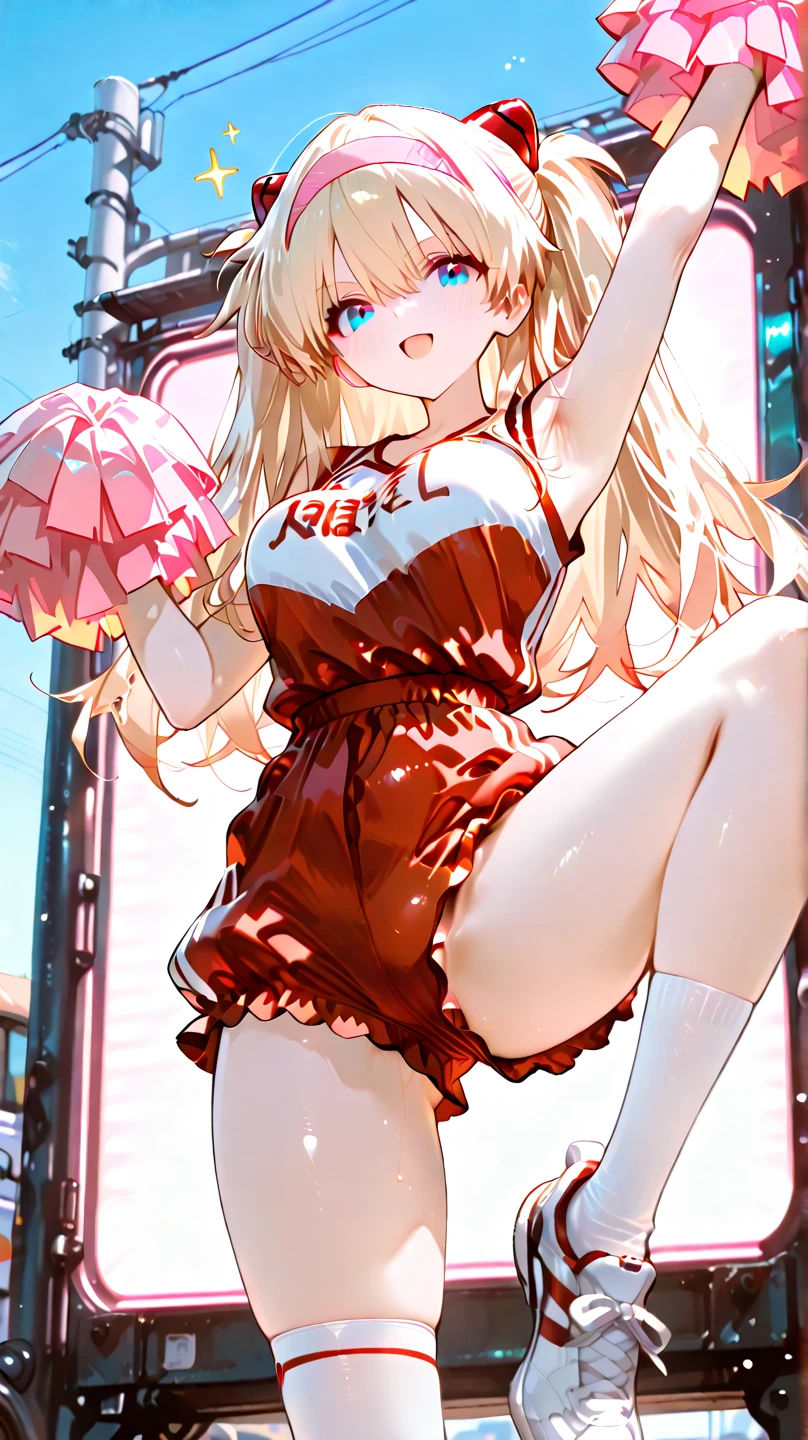 masterpiece, best quality, (1girl, solo),
Oomori Anko, 1girl, solo, open mouth, blonde hair, ahoge, long hair, nail polish, twintails, holding, blue eyes, bow, frills, hair bow, blush, roller skates, skirt, toenails, short sleeves, skates, bangs, puffy sleeves, looking at viewer, red bow, puffy short sleeves, detached sleeves, toenail polish, full body, navel, card, wrist cuffs, platform footwear, frilled skirt, flag, red nails, breasts, holding card, bare shoulders
<lora:OomoriAnko:0.65>
(((outdoor,city,cowboy shot, dynamic pose)))