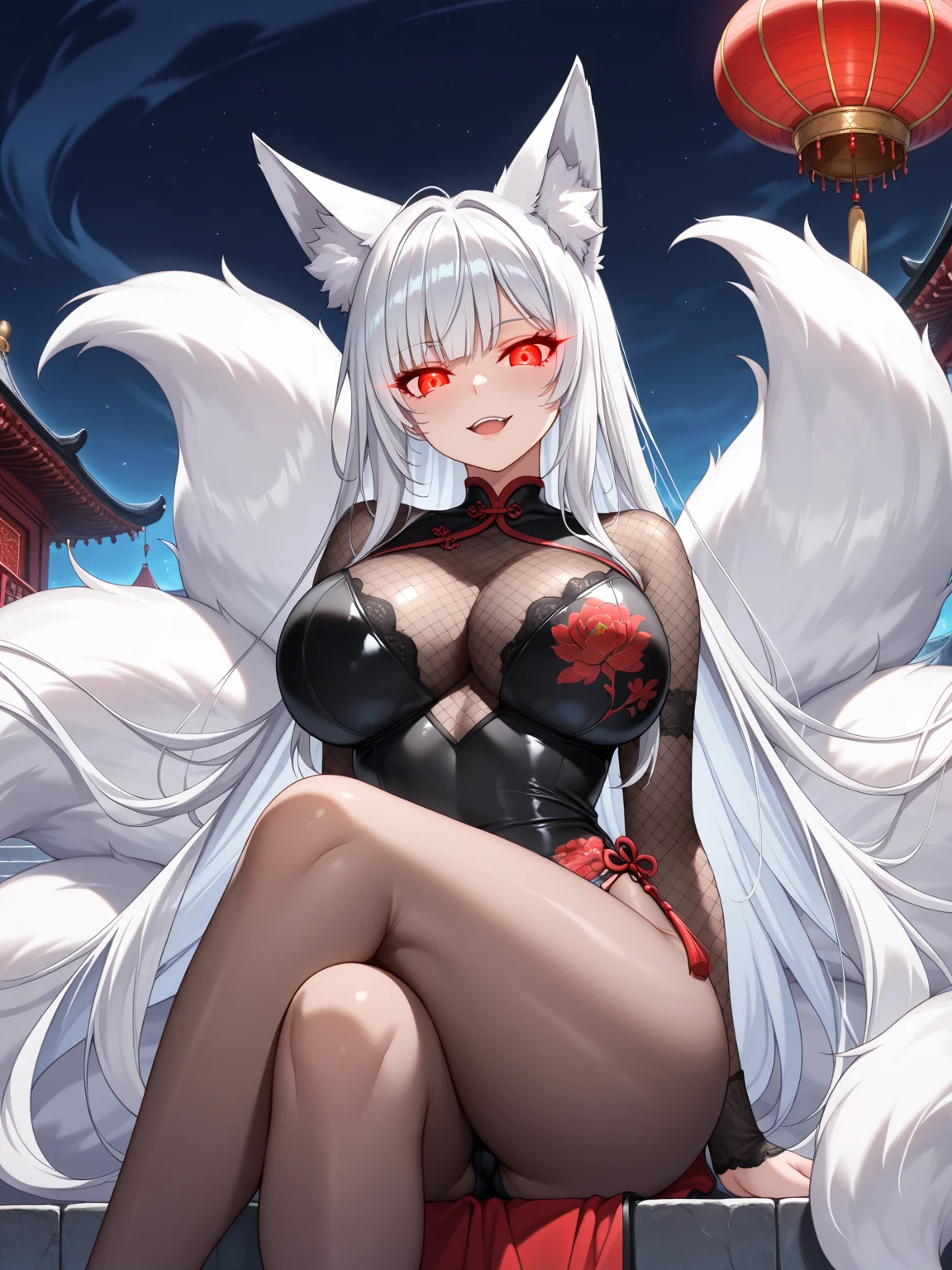 Fair skin，Nine-tailed demon fox，Excellent figure，The action is charming，Seductive，legs long，Legs white，A seductive smile，Mature intellect，Full-figured，Landscape background，The face is mature，Dressed in antique red，high-heeled，huge tit