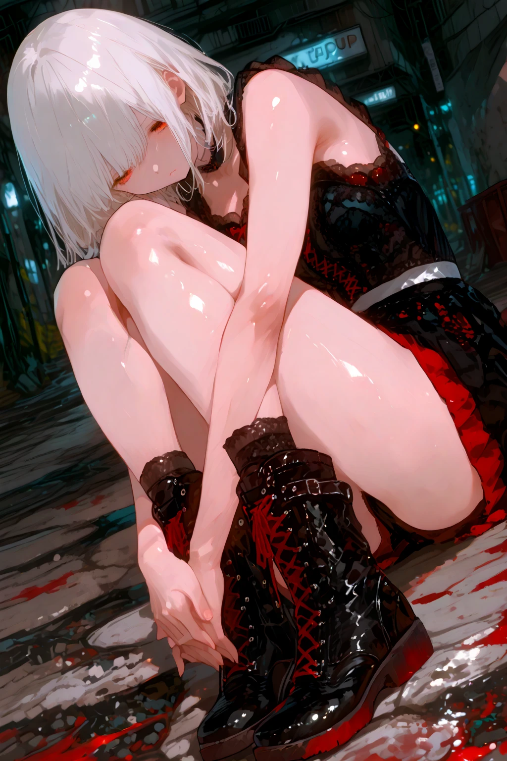 masterpiece, 最high quality, High resolution,  Final Fantasy 7、Tifa Lockhart、Black torn clothes 、Black ripped pantyhose、Dark church at night、sexy、Wearing a mini skirt、Thin legs、Big Breasts、Slim figure、high quality　CG Tone、Torn black panties、Defeat scene、Losing to a woman、being pushed to the floor、Surrounded by women、Tattered、Wriggle your body、Lying face down