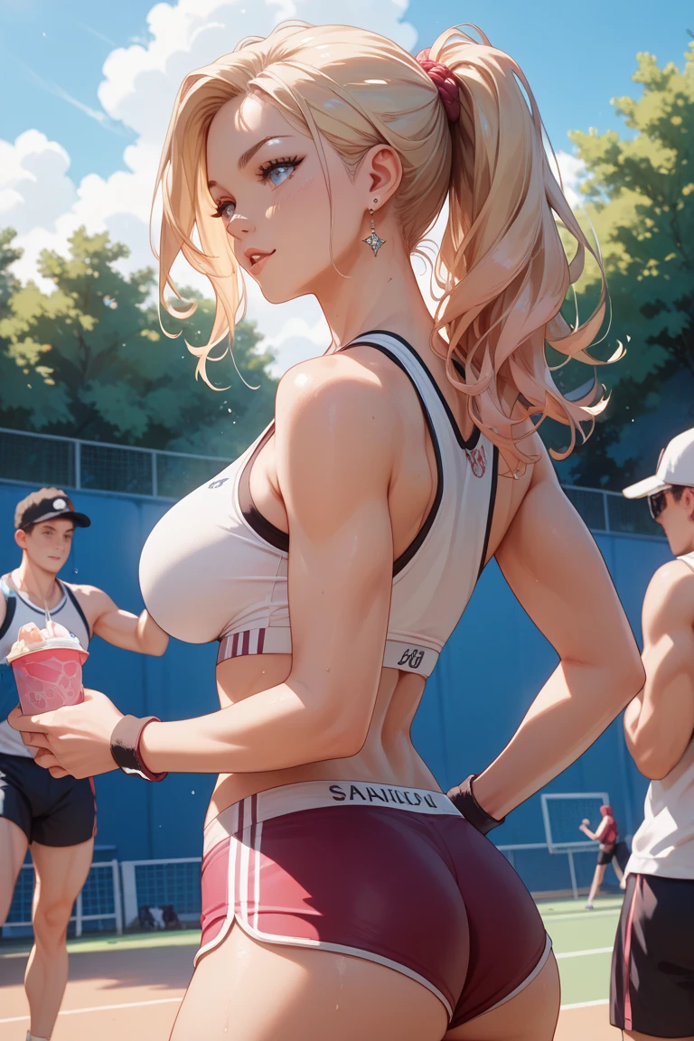 A beautiful mid-twenties woman with long, blonde hair up in a bun. She has big exposed breasts and blue eyes and delicate features, with a confident and dominant expression. She is humiliating a man with a stubble and glasses. The background shows a tennis court, and her outfit is sporty. The scene shows her whole body in action, rendered in a highly detailed digital painting style. The focus is on vibrant colors, dynamic lighting, and artistic details, capturing the energy and motion of the moment