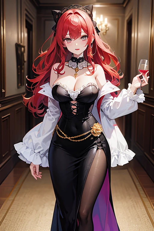 woman, green eyes, long red hair, bangs. she hair wavy. wear purple black dress, arrogant, independent woman, thug. bad girl. intimidating women. background in ballroom. mature woman. mafia.