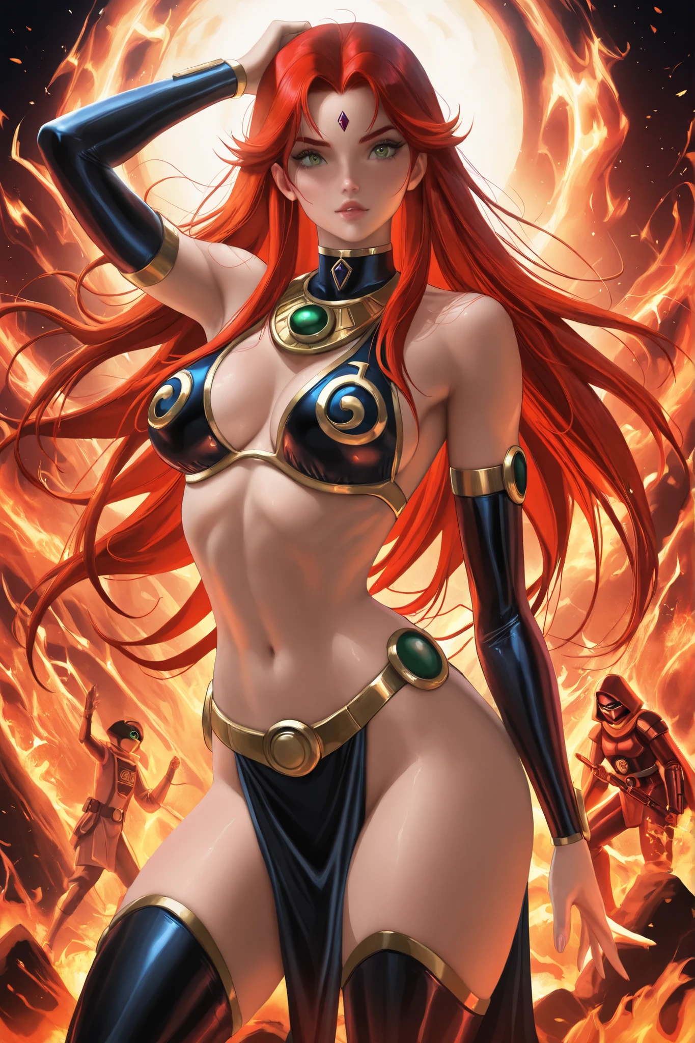 ((mythological being enchanted humanoids)),((naked girl)) ((large breasts) red body, orange eyes, red hair, fire being, high quality 3d image close up, serious, looking at the camera, with a crown, and a diamond sword in her hand, masterpiece, high detail, breasts exposed, large breasts, in the forest, midriff exposed, standing, in the background a village