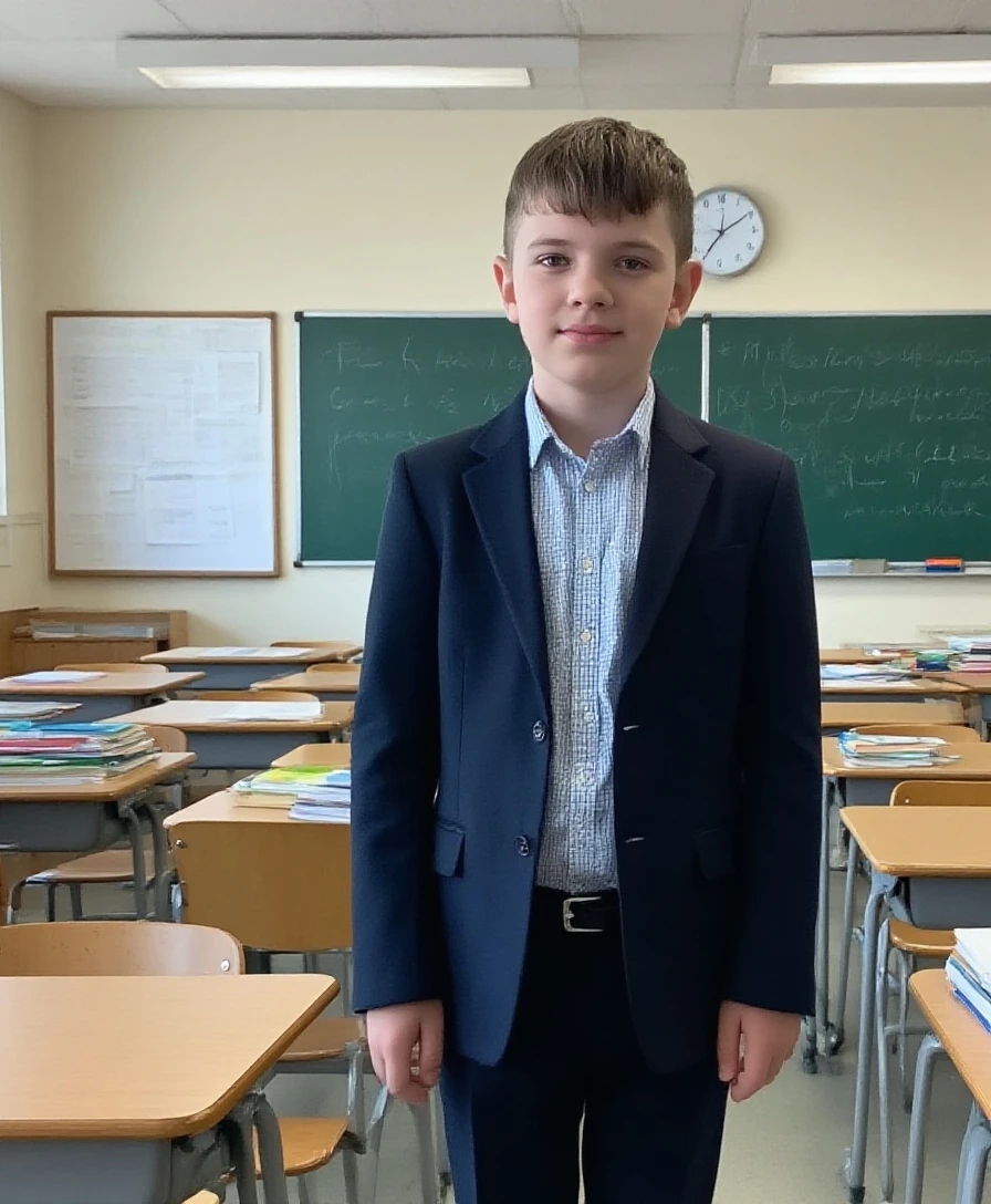 A young russian boy  is standing in the center of a living room, facing the camera with a neutral expression and a slight smile. He is dressed in an elegant black suit jacket with a single button and notched lapels, a buttoned blue and white checkered shirt, and a gray bow tie. A blue rectangular label with white text reading 'The Black Tux' hangs from a lanyard around his neck. His right hand dangles relaxed by his side, while his left hand rests on the blazer's button. The room has light beige walls with a subtle damask pattern, creating a warm atmosphere. To the left, there is a beige couch with a concrete-colored throw pillow and a white blanket with a marbled pattern in shades of brown, beige, and black draped over it. A rolled-up piece of fabric, likely carpet or wallpaper, leans against the wall next to the couch. Above the couch, shelves are filled with various items, including books, decorative objects, and small toys. A TV stand with a flat-screen TV, a black speaker, and other electronic devices is visible in the midground. On the right side of the image, an open doorway leads to another room where a white cabinet with two small doors and silver handles is visible. The walls in this adjacent room have a darker damask pattern, and a small mirror hangs above the cabinet. The lighting in the room is soft and even, providing a balanced illumination across the scene without harsh shadows. The overall composition focuses on the young man, who stands on a circular patterned rug, creating a formal yet homey atmosphere in the lived-in living space.