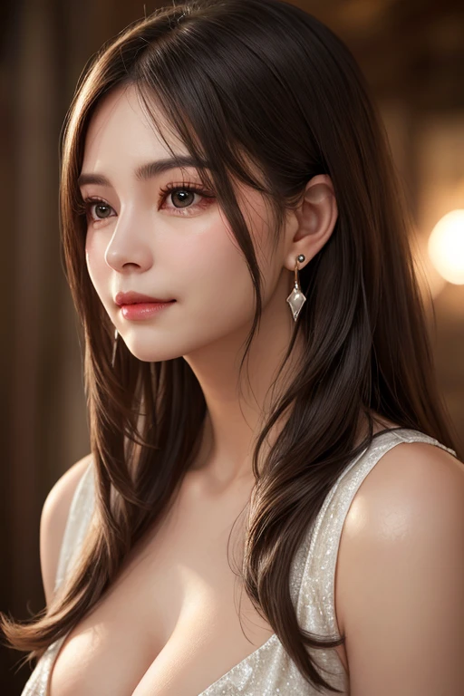 masterpiece, highest quality, Realistic, Very detailed, Finer details, High resolution, 8k wallpaper, One beautiful woman, Wear a black see-through shirt, In a great restaurant, At night, Light brown messy hair, Perfect dynamic composition, Beautiful and beautiful eyes、Big earrings