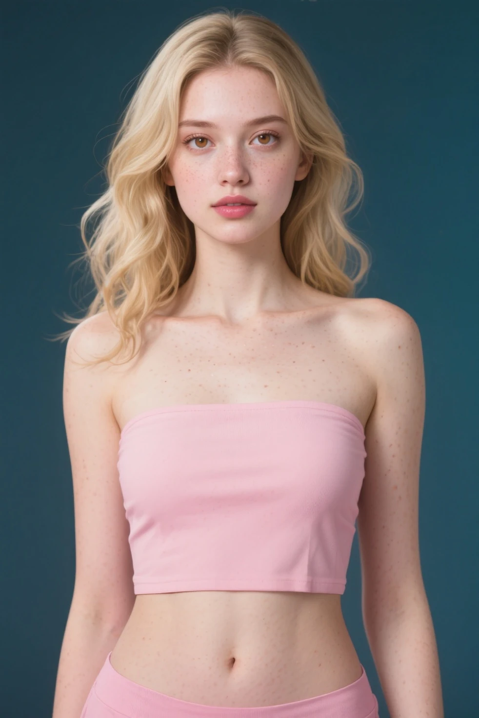 19 year old European girl, pntyad, The model is wearing a pink cropped tee with scalloped edges and blue briefs. The image shows her standing with one hand on her hip while looking down at her phone., andenhud, 1girl, gradient, gradient_background, hand_on_hip, solo, photo_(medium), realistic, grey_background, lips, blonde_hair, shirt, 3d, long_hair, underwear, panties, signature, medium_breasts, looking_at_viewer, skin pores, masterpiece, highly detailed, bright studio lighting, 8k, good rating, good aesthetic, good contrast, good blur, good noise