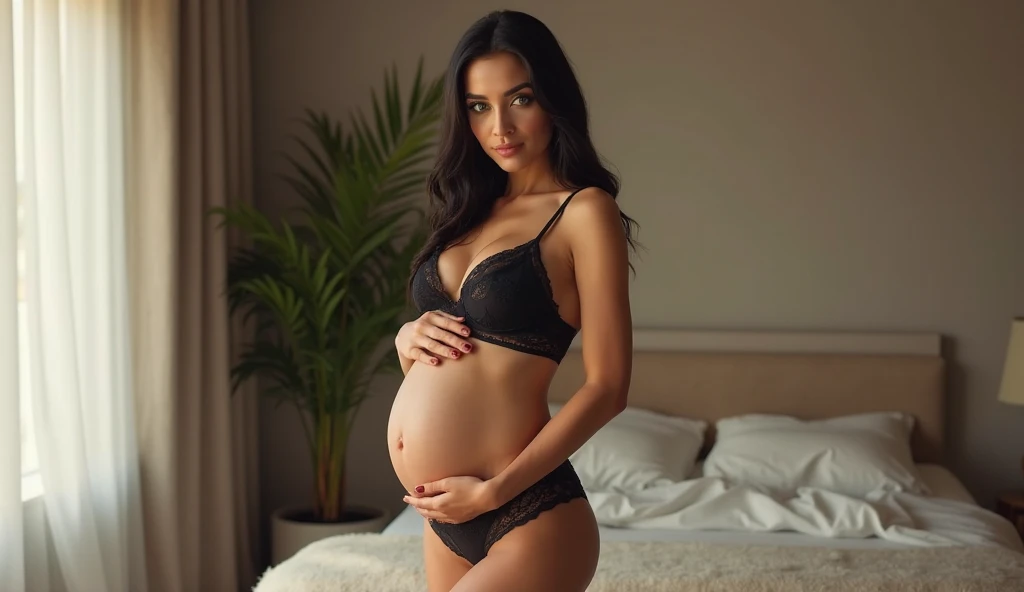 Woman in sensual pose with lingerie, 8 month pregnant body, bountiful breasts, inside a ROOM with candles lit, windows illuminated by sunbeams, super realista bem detalhado em hd high qualiy, ((best qualityer, Top-notch image quality, high qualiy, Real image in high resolution, detaileds, ​masterpiece, professional photograpy))