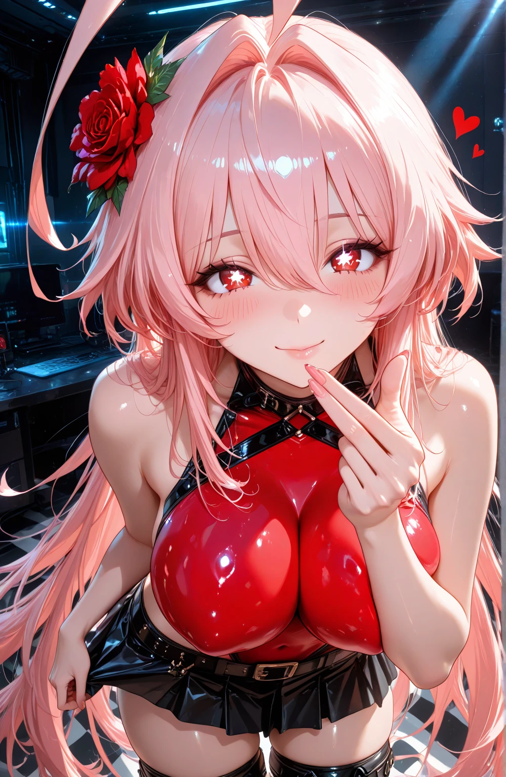 best quality, ultra-detailed masterpiece, nino nakano, blush, smile, (red leotard:1.2), elbow gloves, halter neck,bare shoulders, victory pose, (See-through clothes), Prom,