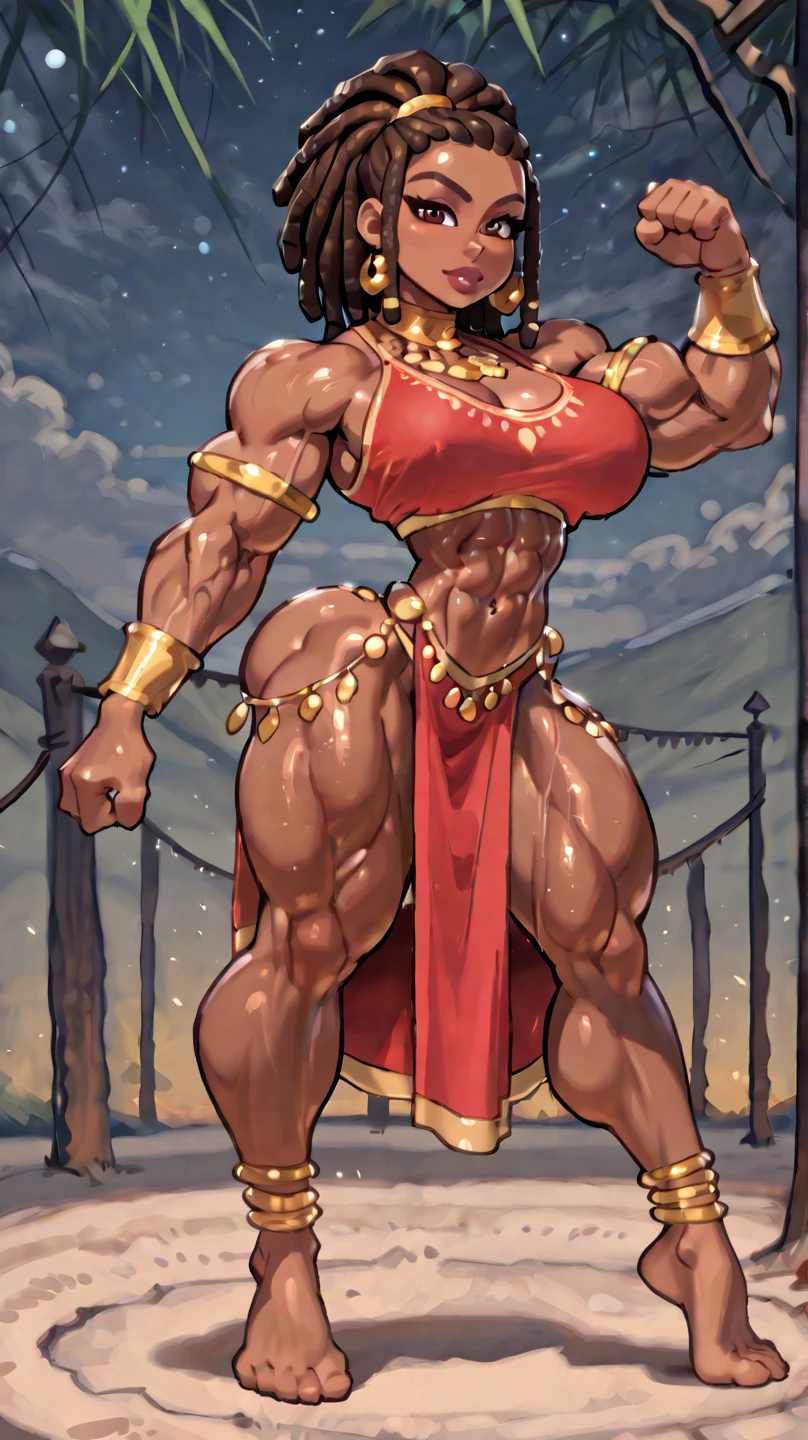 (masterpiece, best quality:1.2),1 girl, voluptuous body, full body, masterpiece, dominant pose, good anatomy, no extra limbs, big ass, thick thighs, black hair, voluminous afro, pointy ears, gold earrings, black top with red details, black skirt with red details, gold necklaces