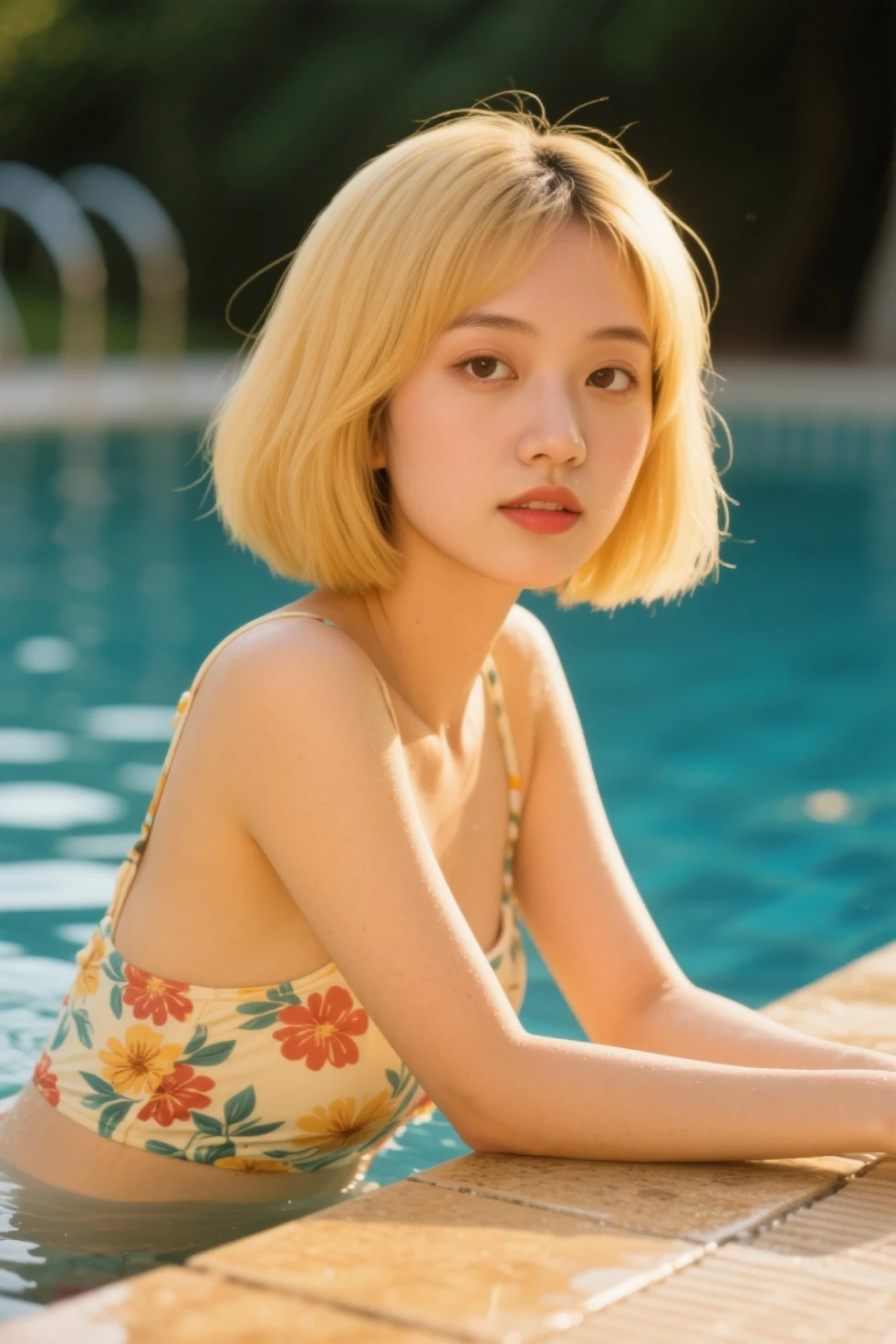 "A young Asian woman with striking yellow hair stands gracefully in front of a tiny, serene lake. She is wearing a simple, elegant dress that subtly highlights her figure. The dress, favored by many for its understated beauty, complements her delicate features and the tranquil setting perfectly."