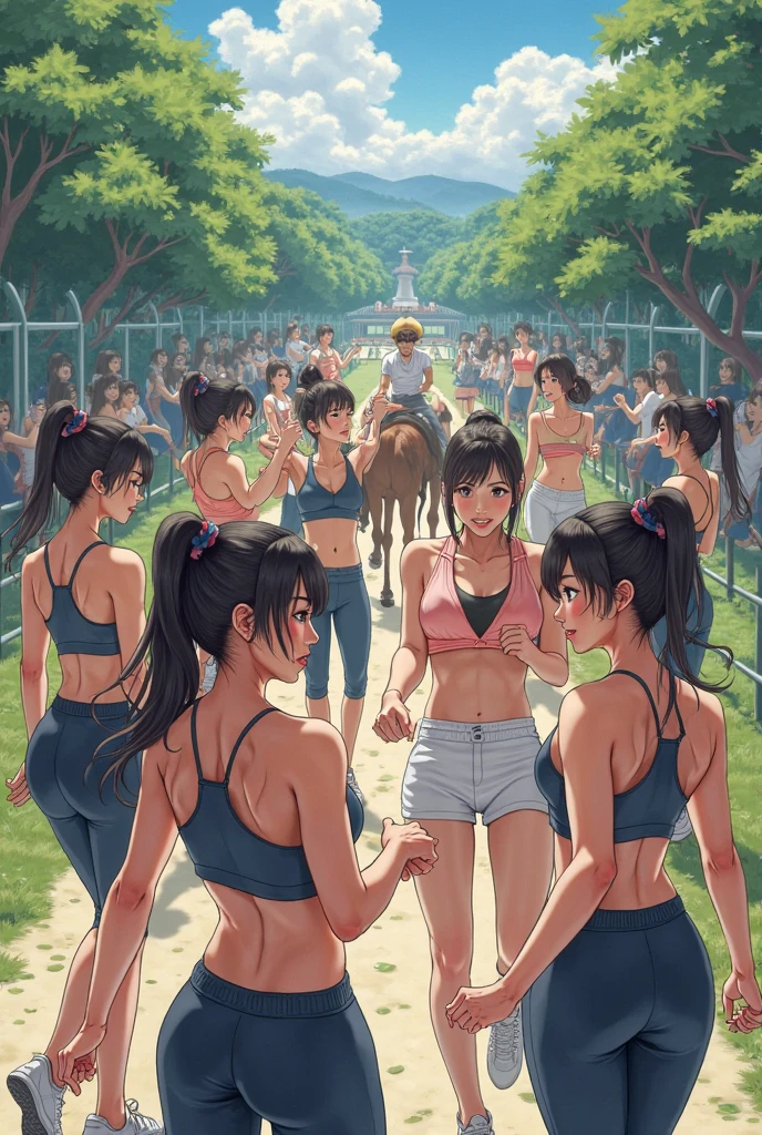 NSFW, (4+girls:1.5), (nude), tanned skin, dark tanned skin, oil, (muscular:0.7), thin waist, (abs:1.3), tan lines, medium breast, dynamic poses, lesbian interactions, sexual interactions, 20 years old girls playing together, removing clothes, strip tease, sexual tension, squeezing boobs, grabbing ass, masterpiece, top quality, ultra high definition, highest resolution, very detailed, perfect face, professional lighting, clean skin, CG illustration, slender, very cute, young face, underboob, cleavage, lower breast, wet body, (breasts out:1.4), different hair colors, short hair, pixie haircut, semi-long hair, different hair cuts, hair ribbon, blush, navel, point of view from behind, from below, wet body, (breasts out: 1.4), (plastic bag 1.2), transparent swimsuit, beach, water, sun, sand, beach-volley, (wind: 1.3), girls playing behind, showing ass, perfect ass, black necklace choker, nude, naked, lifting jacket, saturated colors
