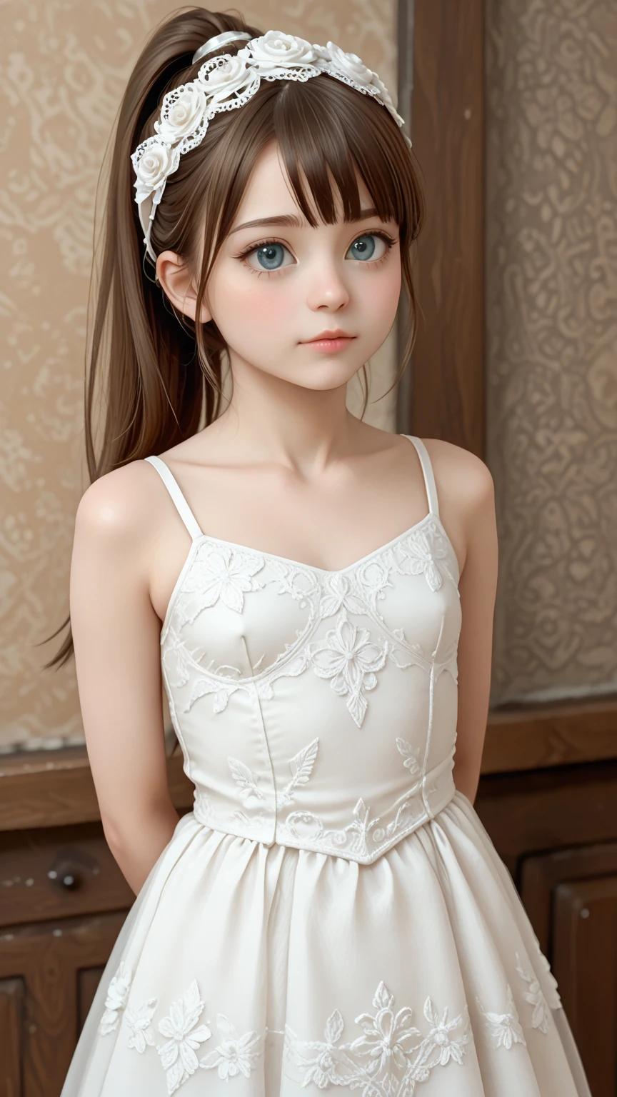 ((A Spanish girl in a babydoll with translucent skin)), (Laia Manzanares) (Tween-Modell, 17 years old, young)), Ethereally beautiful, sslim, small, soft lights, ((David-Hamilton-Stil)), close up shot, Masutepiece, best quality, photorealestic, 8K, high resolution, detailed skin, 8K UHD, Digital SLR camera, soft lightsing, High quality, film grain, Fuji XT3, Nipple slipped, soft cloth