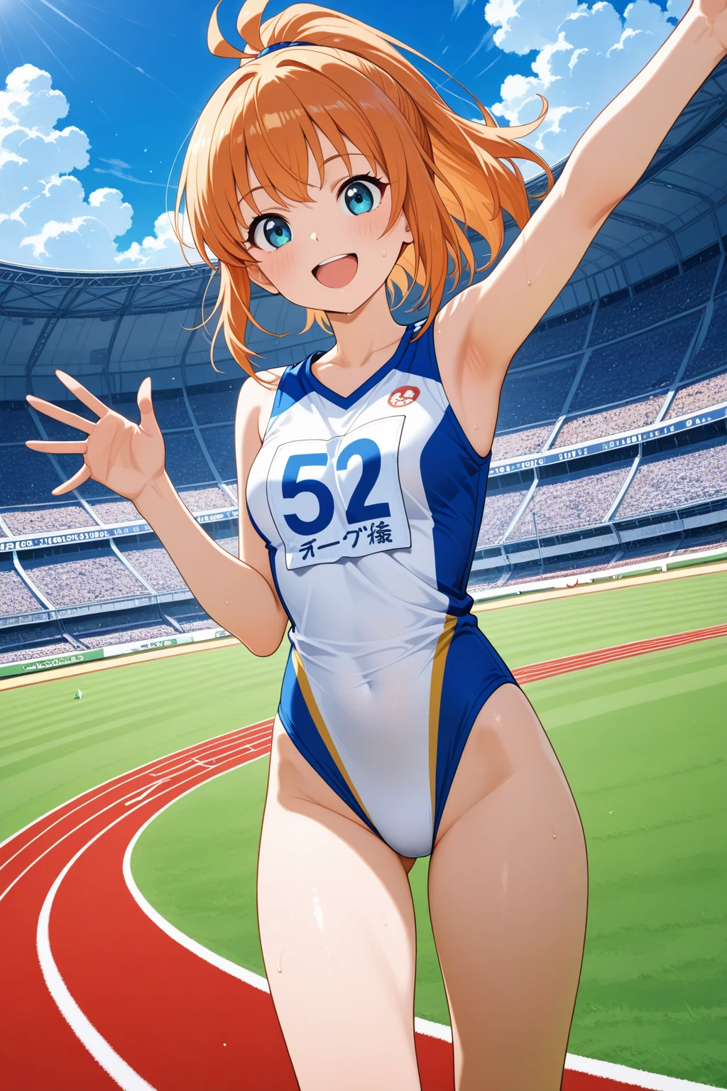 Unity 8K Wallpaper, Masterpiece, Best Quality, Ultra Detailed, Extremely Detailed CG, Ultra High Resolution, Caustics, Detailed, Beautiful Detailed Eyes, face, face focus, (stand against the wall, arms behind back:1.3, athletics stadium, brighten the subject, running trunks),
