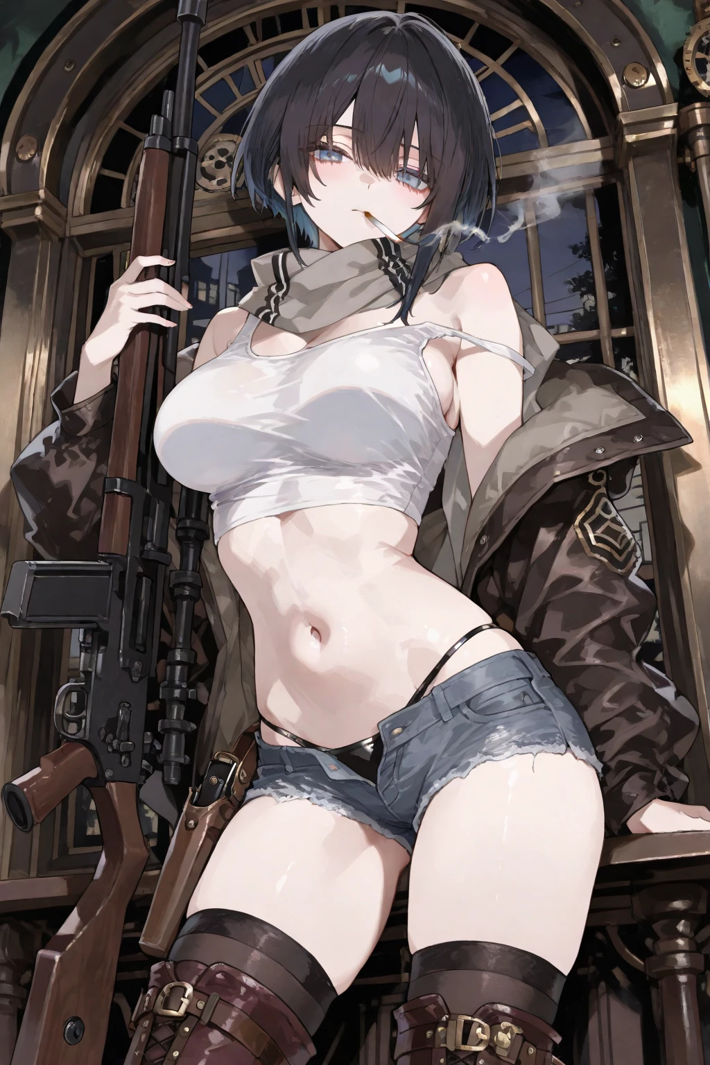 solo 1girls thick figure thick thighs size huge breast hard nipple size huge hip blue eyes tan skin short dark brown messy hair wear fingerless gloves wear short crop top hoodie wear short crop jean ripped wear holster wear black stocking tight outfit holding a rifle on hands wear tactical backpack wear tactical goggle on head