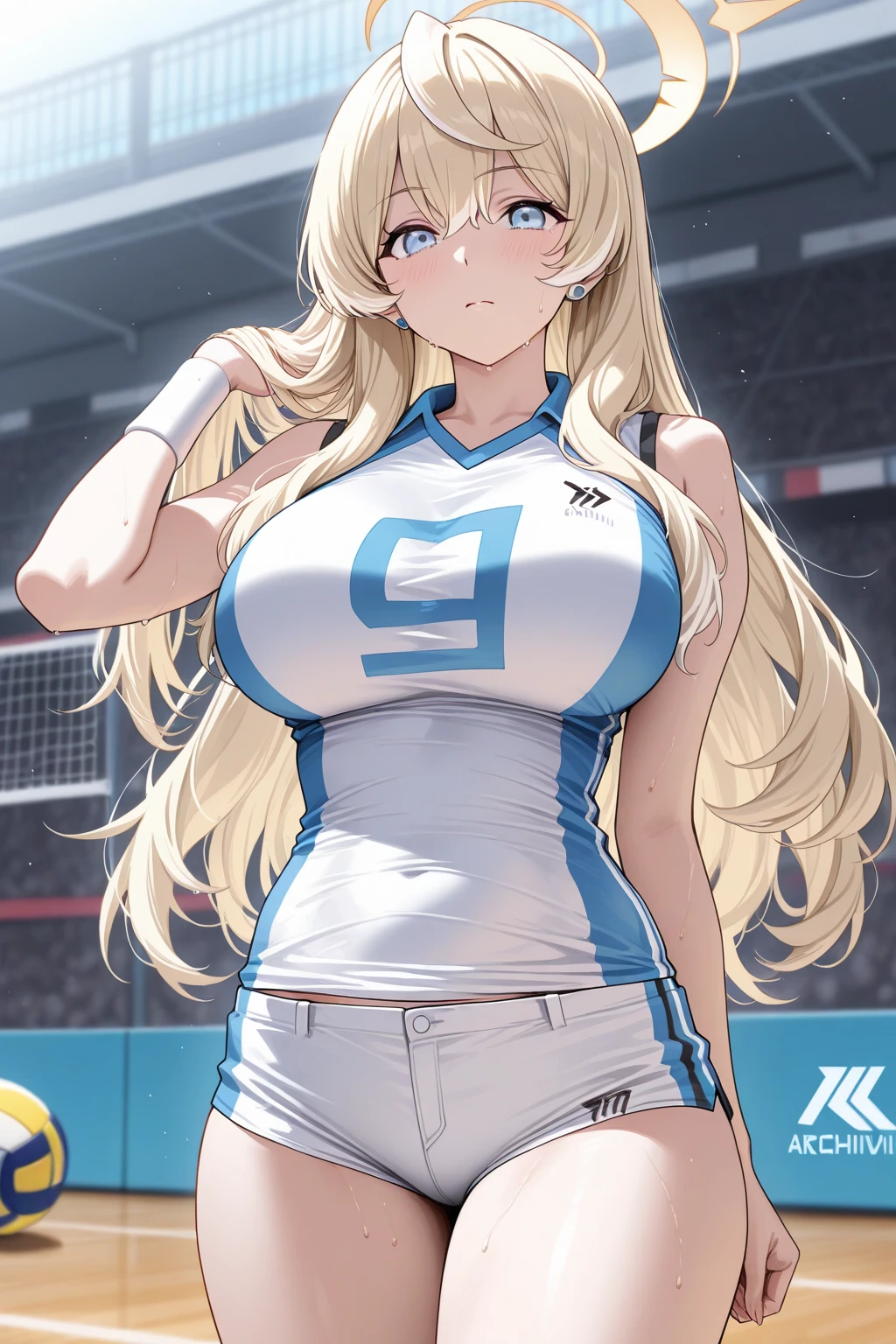 yanmiao2,1girl,solo,bangle,multicolored hair,wariza,shy,blush,masterpiece,best quality,<lora:add_detail:0.4>,navel,shorts,smile,red shorts,looking at viewer,cleavage,blush,bulge,huge breasts,very long hair,sportswear,collarbone,holding,volleyball,thighs,ball,bare shoulders,sports bra,short shorts,holding ball,futanari,midriff,(covered nipples:1.1),nsfw,(cameltoe:1.1),, masterpiece, best quality,