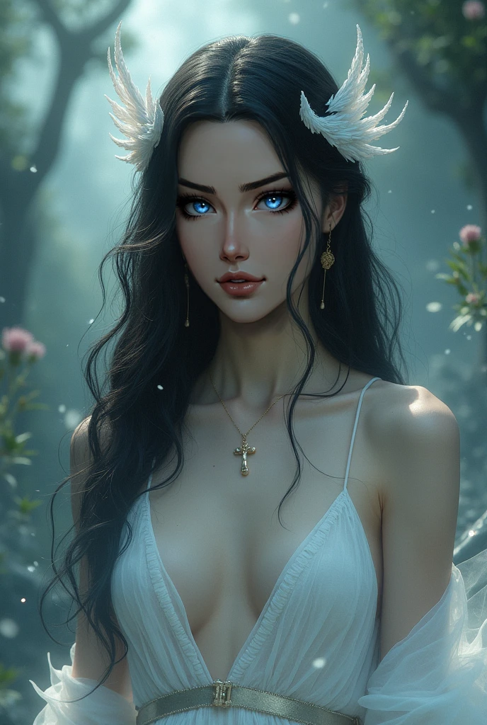 An androgynous male god with snow-white skin and long black hair., Emerald or blue eyes, About 1 metre tall:Cute at 68, Girl with horns, Devil horns, Elf Ears, Cleavage, thigh, Short skirt, sexy, 
