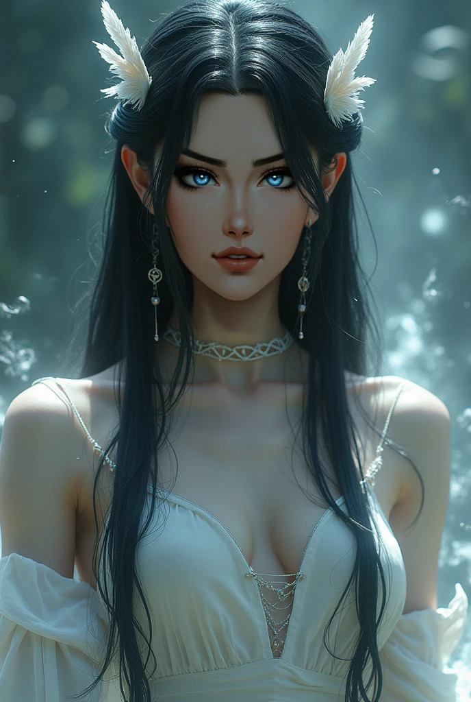 Beautiful girl with green eyes and long black hair wearing white dress in a beautiful forest photo shoot 