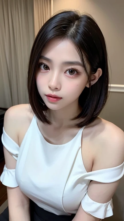 (Highest quality, 8k, masterpiece: 1.3、Everything is beautifully detailed、Beautifully drawn eyes with bright color details), Beautiful woman with perfect figure: 1.4, Dark brown hair, big, Wear a pendant, Torn shorts, Sleep in the bedroom, Highly detailed face and skin, Detailed eyes, double eyelid, Highest quality, masterpiece, (Realistic: 1.4), One Woman, Golden Ratio, High angle shot, Upper eyelid care, Low angle shot, Perfect Face, Beautiful appearance, Cute Face, Face close-up, Zoom in on face, Short Bob, short hair, smile from different angles, smile, Gloss, highlight, Gloss, Glossy on skin, Glossy on skin, Wet skin, Wet, bangs, cute smile, bust, Off the shoulder, Refreshing charm, elegant, Perfect hands, smile from angle, smile, Glossのある, highlight, Glossy skin, bangs, bust, big, Warm Off the shoulder, Refreshing charm, Listen carefully, Looking into the camera, Pose at different angles、{gigantic|big|huge|mega} breasts, cleavage