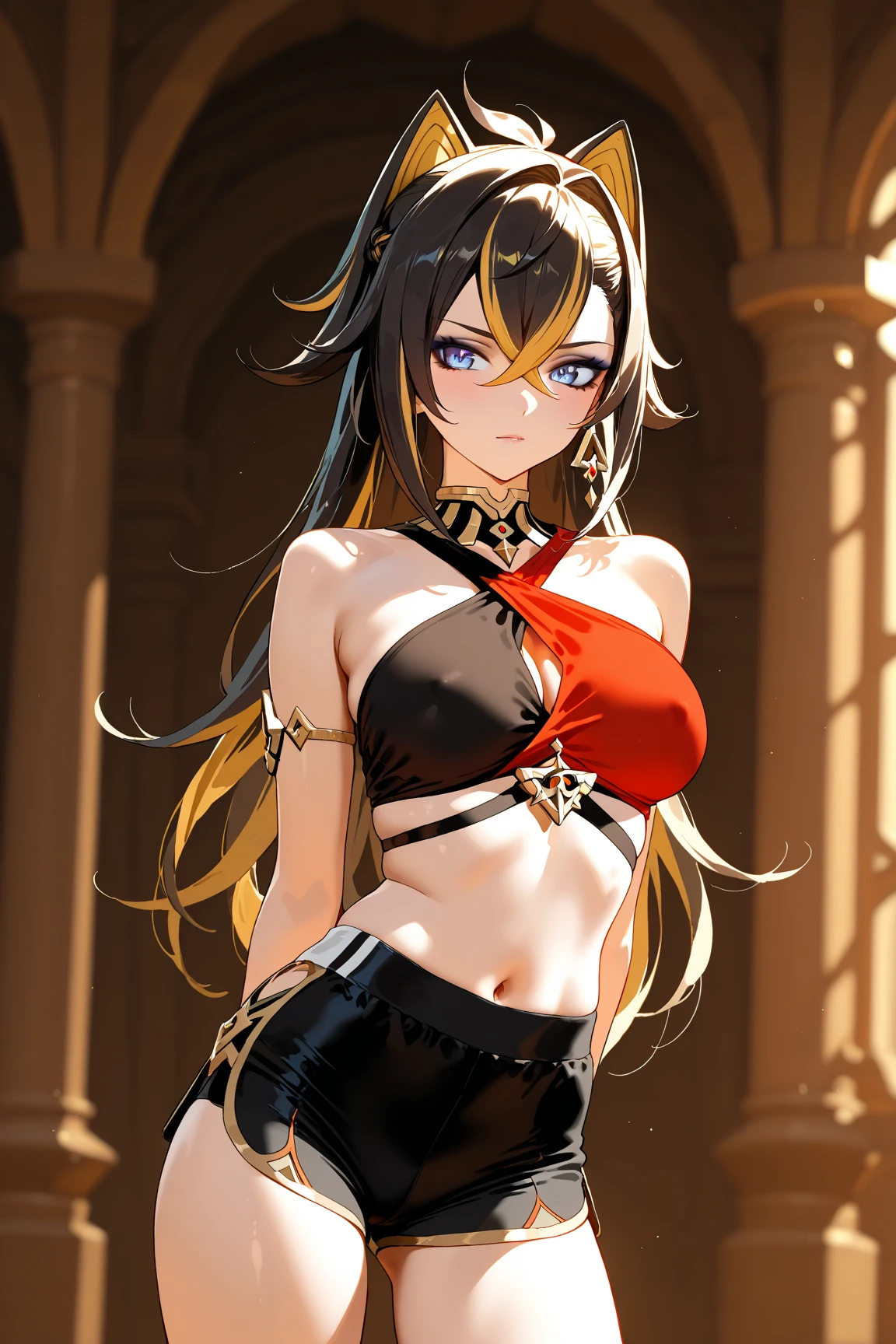 ((highest quality)),(ultra high resolution),(Super detailed),(detailed description),((best CG)),(best work of art),super precision art, great drawing art,(Art with precise details:1.5), (1 young girl:1.5), beautiful and well-shaped face:1.5,(Beautiful skin with precise and detailed depiction:1.6),(sleeveless halter neck crop top, knee length waist band gym shorts ),gorgeous, masterpiece, best quality, high-resolution, finely detailed, extremely detailed and beautiful, distinct-image, 1 girl, 16 year old teenager, solo, sharp facial features, oval shaped face. cherry pink lips, lightly tanned white skin. velvet-colored eyes, C-cup breasts, tall height(175cm), slim yet chiseled body type, short shoulder length dark violet-black hair, small narrow waist, long and slender legs, curvy wide hips, training courtyard background