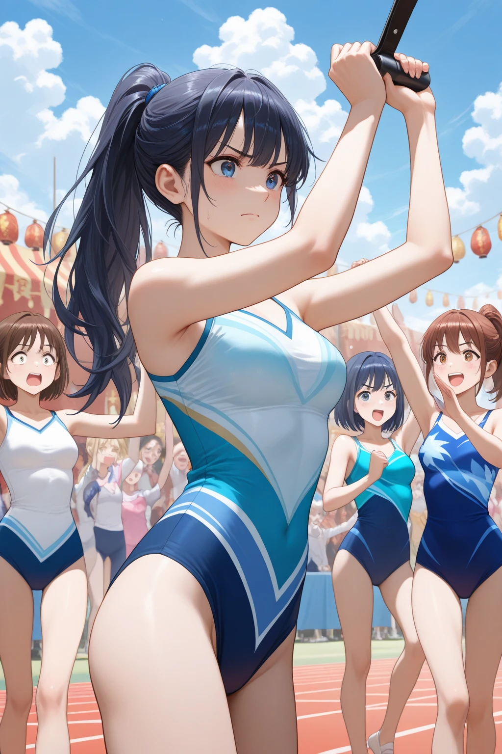 {{Teenage female, caucasian, hundreds of girls, thousands of girls, multiple girls, many girls, only girls, crowd shot, sisters, identical sisters, clones}}, looking at viewer, hazel eyes, extremely detailed, brown hair, {{blue bikinis, matching bikinis, identical bikinis, same color bikinis}}, pool, pool party, crowd of girls, girls partying, happy, best quality, high quality, extremely detailed anime screencap, brainwashed girls