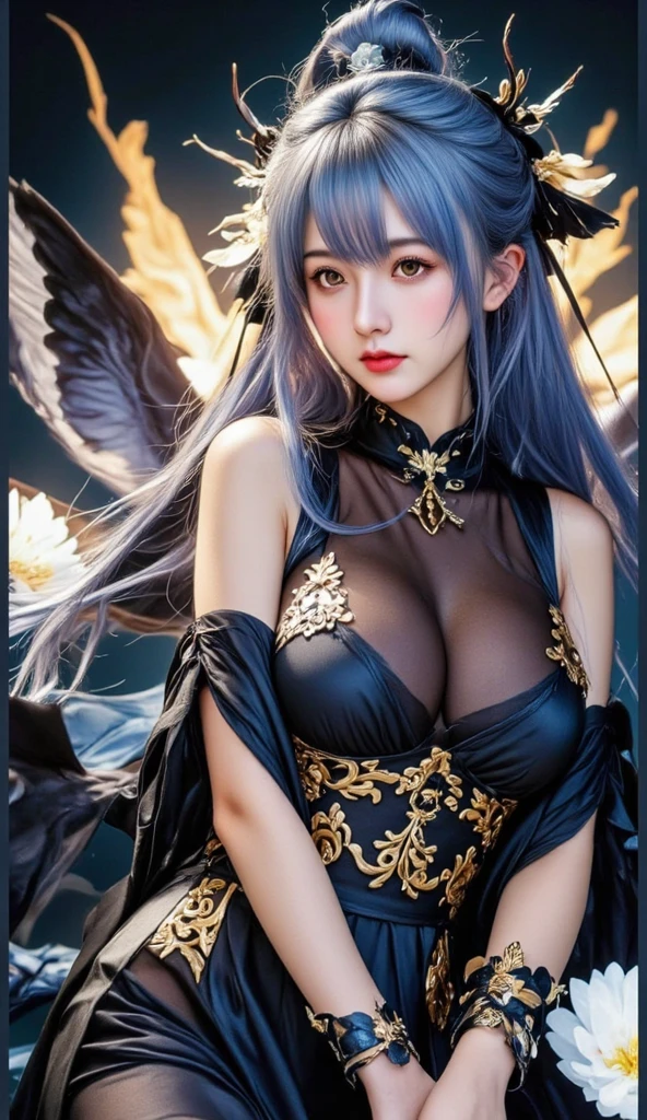 ​masterpiece、top-quality、Golden hair、Blue lightning、life-like、realistic detail、high détails。sexy  pose。red clothing。Blue Thunder。Blue crystal。Black suspended particles。Black smoke。fe。Black crystals around。Black smoke wafting around。Warping the body。Warping the body。banya。The Darkness。Ochi Yami Yugi。Troubled look。length hair。1girl in, Beautie, , Fine skin, anicos_No 1,, a navel, Detached sleeves, bare shoulders​, Central opening, cleavage of the breast,, middlebreasts, Long feather hair clip, Blue hair ornament, thigh highs,Look at viewers,in isekai, Ochi Yami Yugi。seductiv。Brainkill。tattooed。Gold pattern at chest.。Bright tattoos。Bright tattoos。demonic wings。Black and gold tiara。tiarra。Intricate and luxurious tiaras。smil。Luminous blade。