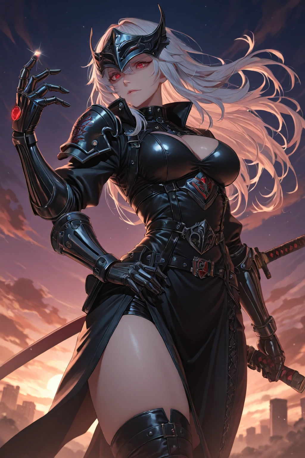 Masterpiece, Best Quality, perfect breasts, perfect face, perfect composition, UHD, 4k, full body, NSFW ((A hot vampire in gothic armor)), 1girl, huge_breasts, simple background, perfect eyes, perfect face, incredibly detailed eyes, very detailed eyes, (black armor) ,steel, blood_on_face, blood, fangs, red_robes, silver hair, wavy hair, glossy hair, blonde ,vampire, eyeliner, eye_lashes, mascara, (silver_eyes:1), shoulder_armor, covered breasts, thigh armor, (dark skin:1.5)