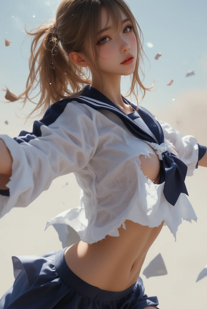masterpiece, realistic, realism, photorealism, high contrast, in full light, photorealistic digital art trending on Artstation 8k HD high definition detailed realistic, 1girl, (solo:1.5), young beautiful woman, petite, very small perky breasts, ((blue eyes)), (blonde hair:1.2), knee long hair, long tight white dress with slits, white knee high socks, (no head gear:1.5), ((priestess)), parted lips, art by artgerm and ruan jia and greg rutkowski surreal painting, detailed, skin texture, hyper-detailed, realistic skin texture, side view, shore, (lying on the shoreline beach:1.1), (beach:1.5), caribbean sea, (crystal water:1.2), clear water, head down, flustered, drenched