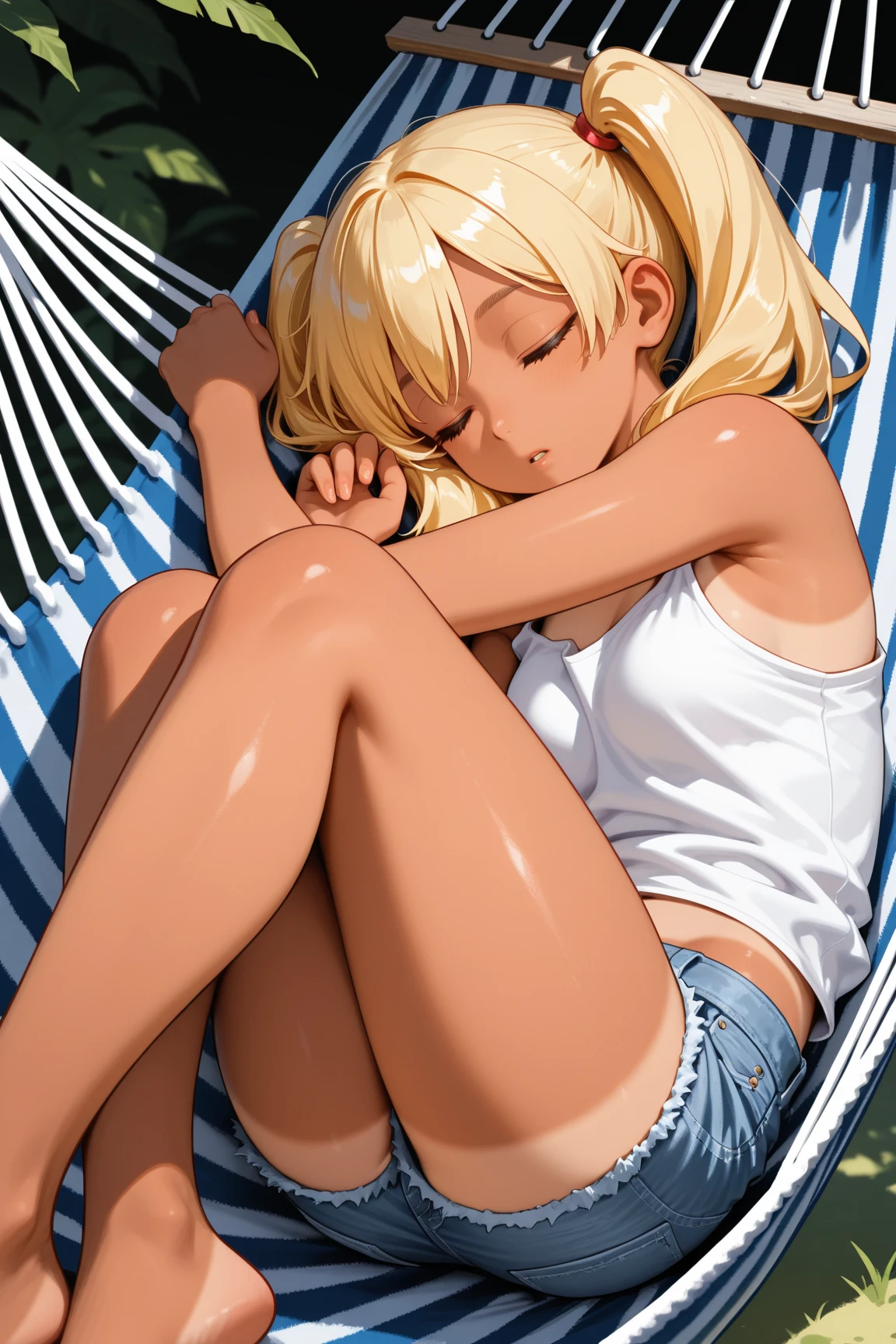 (masterpiece, best quality:1.2), solo, Android 18 from Dragon Ball, ((pink panties, long yukata, japanese sandals, beautiful butt)), small breasts, short blonde hair loose, ((close eyes)), (wearing glasses), earrings on earlobes, slender feminine figure, skinny body, cleavage, light blush, chill, organized, simple, white-based interior, a few plants, cloudy sky, terrace, magnificent view, blur background, 4K, on the cute chair, (pale blue chair), midriff-baring, beautiful armpits, arms up behind, pantyshot,