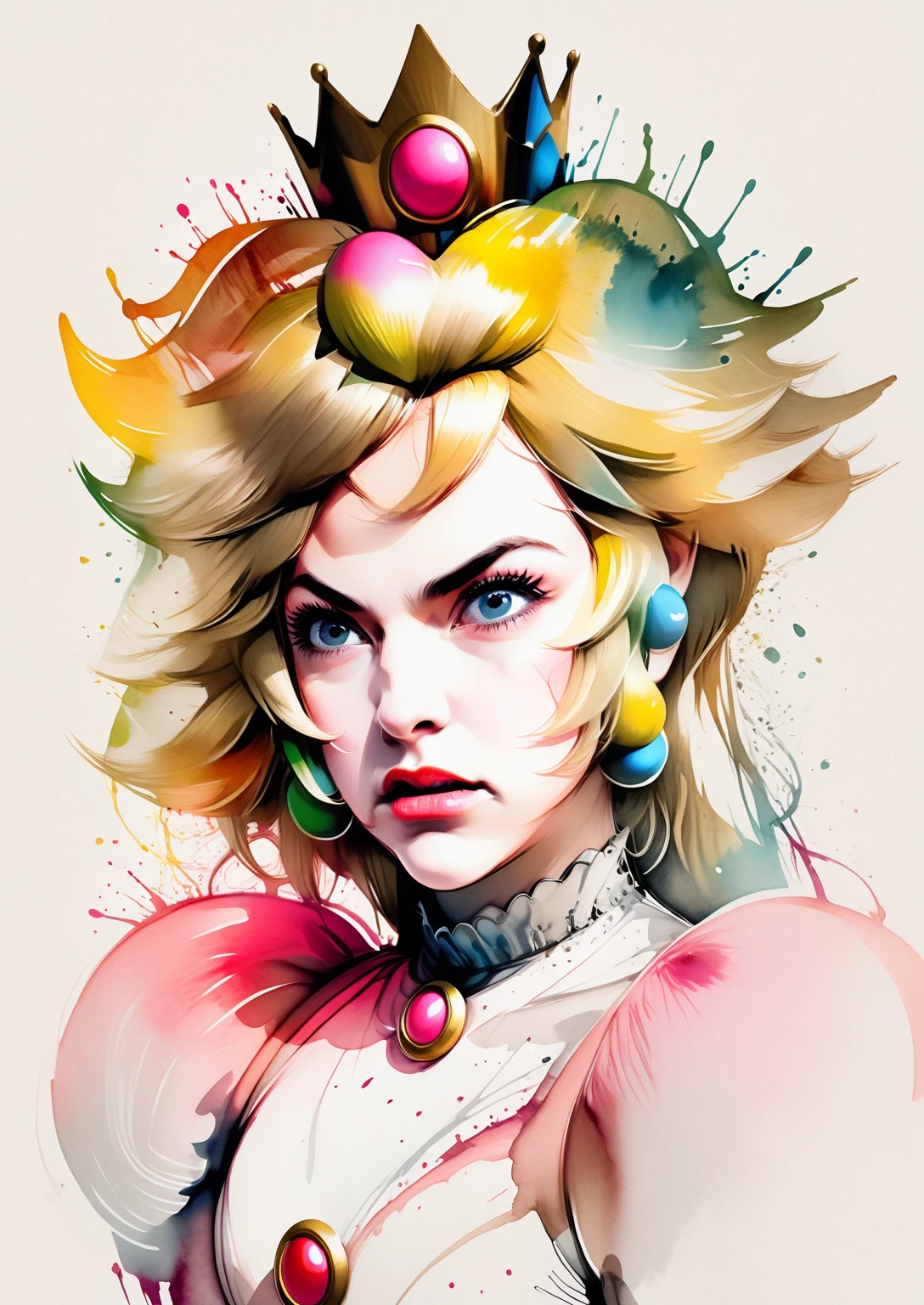 Princess Peach of Supermario, Female Character, Aesthetic Pink, Traces Like From Neo Traditional Tattoos, Traces Of Graffiti, Aggressive Thick Strokes, Drawing, Digital Painting, 2 Dimensions, Ultra Detailed